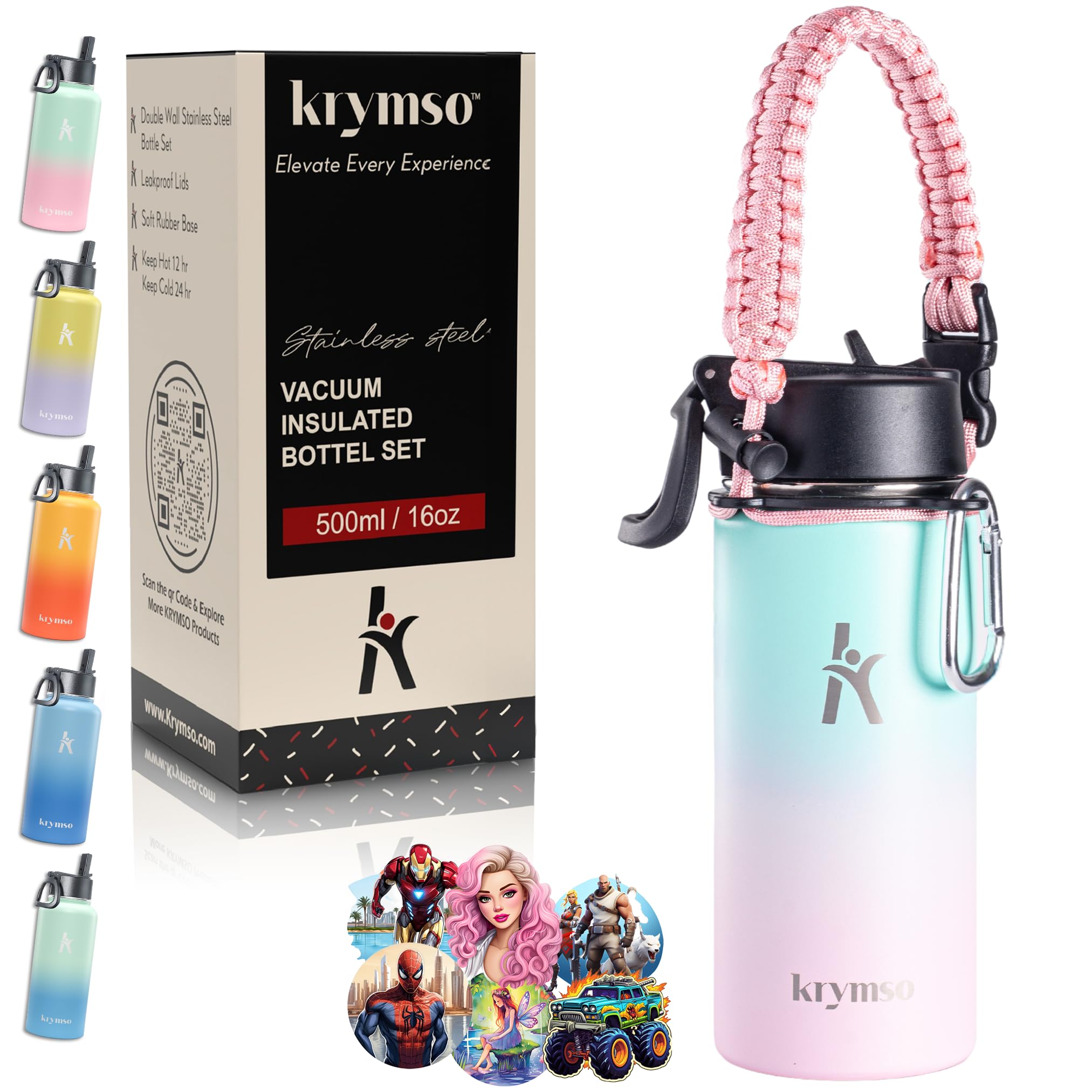 500ml Stainless Steel Water Bottle with Ai Stickers for Kids with Straw, Thermos, Insulated Cup, Water 500ml Cotton Candy)