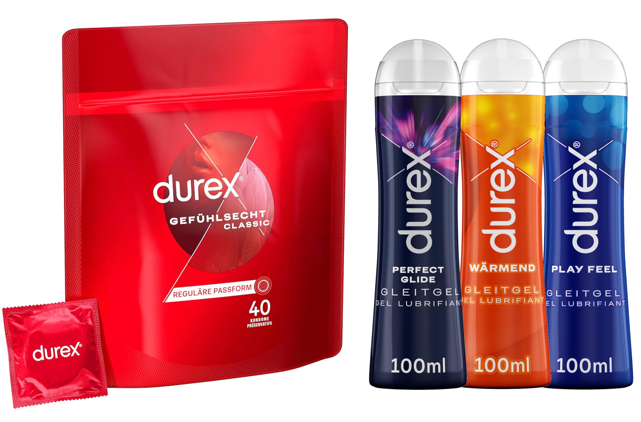 Durex Gefühlsecht-Set Classic Kondome - Hauchzart für intensives Empfinden - Großpackung 40 St & Play Gleitgel Mix-Pack - Feel, Wärmend & Perfect Glide - Ausprobierpaket für Sie & Ihn - 3 x 100 ml