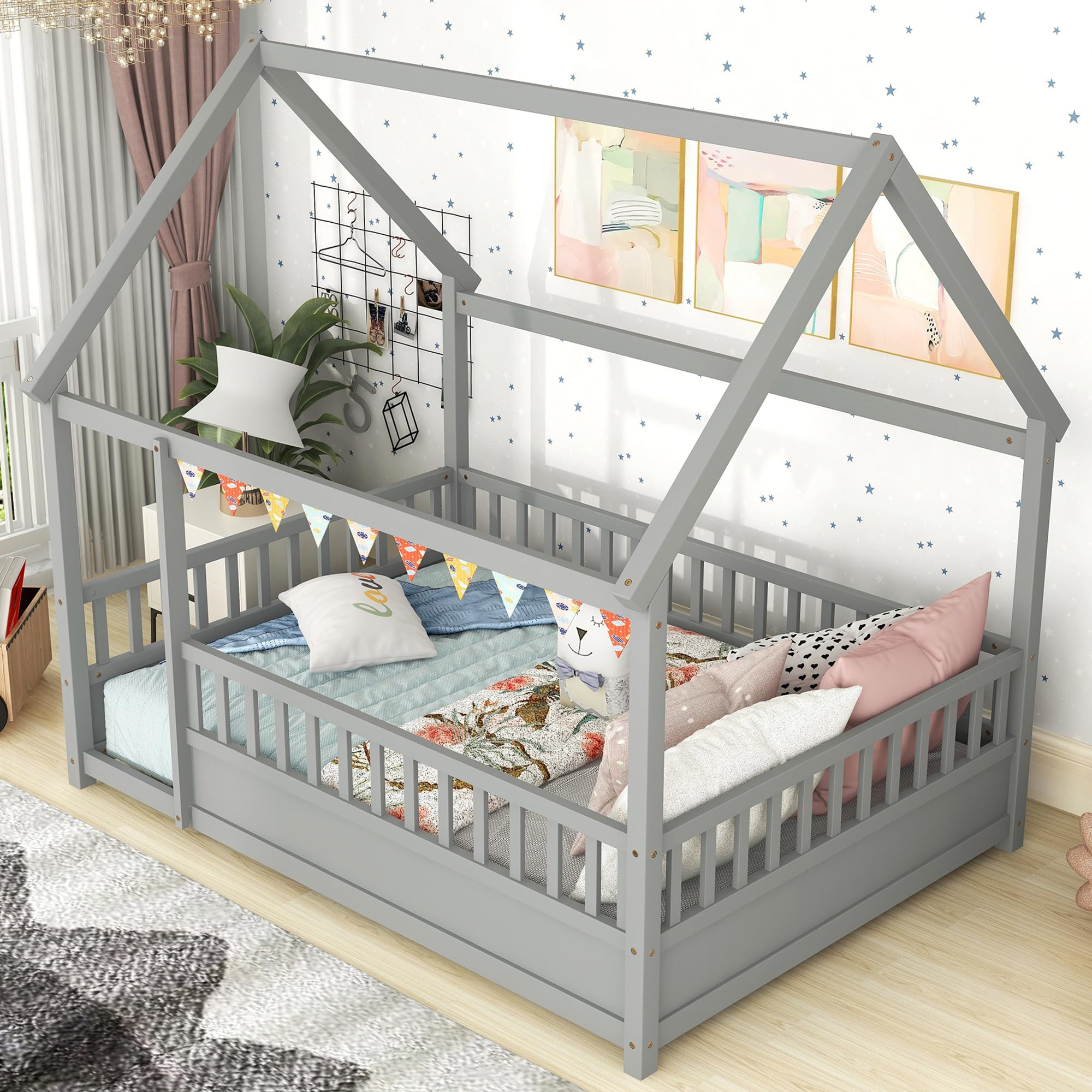 Kids Montessori House Bed, Full Size, Wood Floor Bed Without Slats, High Fence - Gray Full