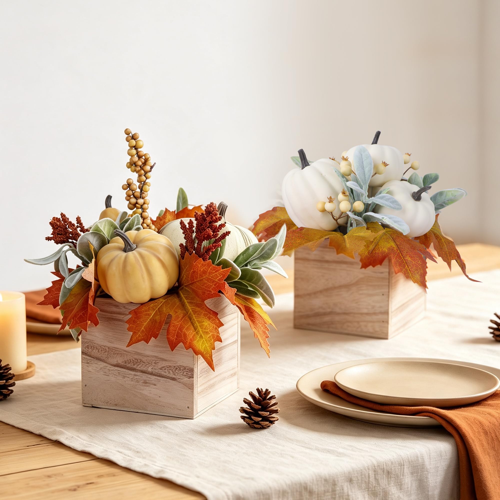 winemana Confezione da 2 decorazioni autunnali per la casa, zucca, zucca, bacche e foglie artificiali in vaso di legno, centrotavola autunnale per sala da pranzo, caminetto, interni