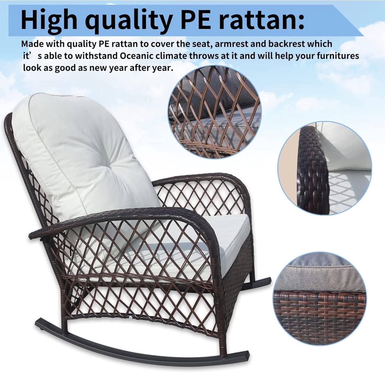 Outdoor Wicker Rocking Chair, Rattan Patio Rocker Chair with Cushion, Garden Rattan Sofa All-Weather Patio Rocker Chairs Weight Capacity 330lbs - Brown with White Cushion