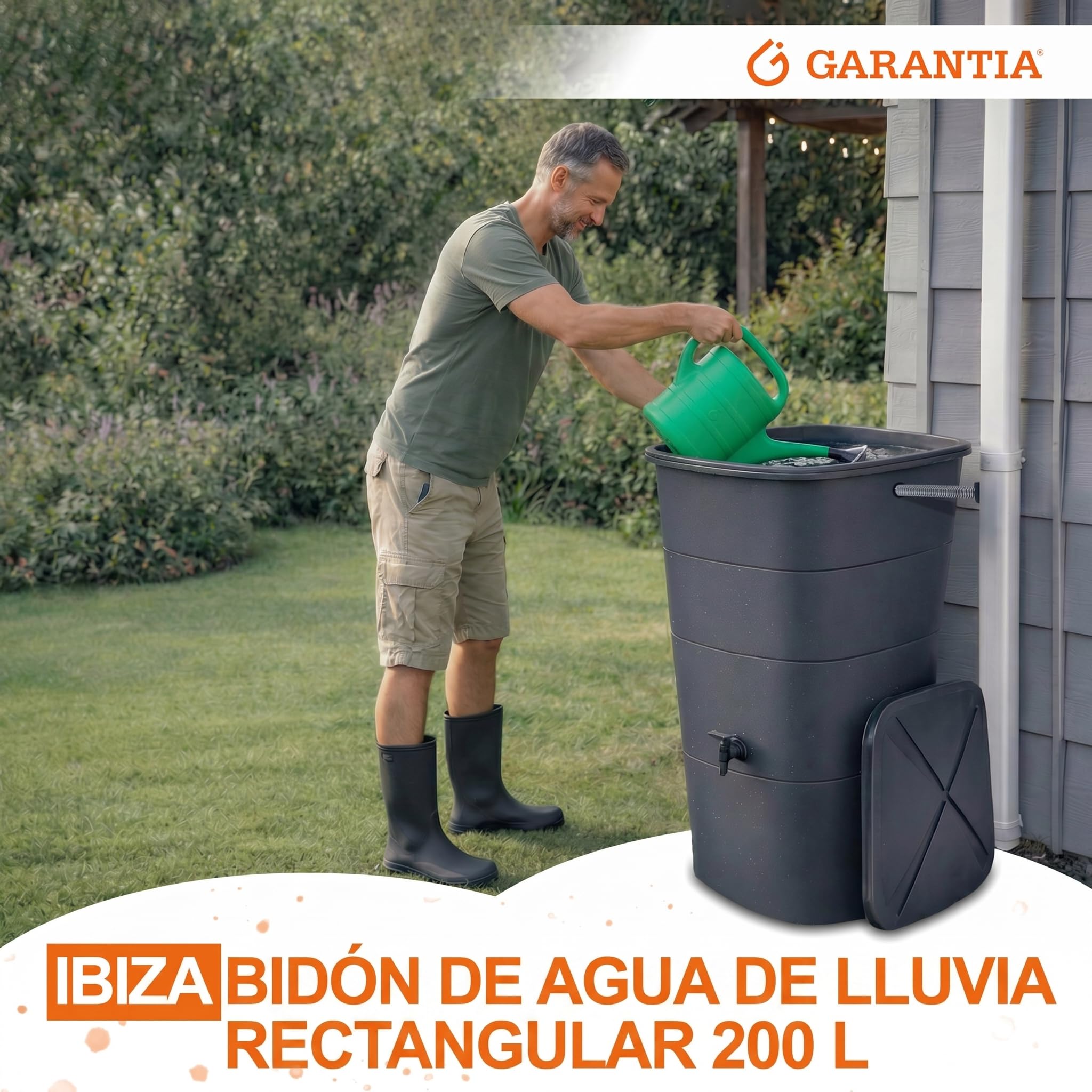 GARANTIA Ibiza depósito de Agua de Lluvia Cuadrado de 200 litros, Gris Grafito, Incluye Tapa y Grifo - diseño Moderno para Pared y Esquina - Estructura Estable de plástico Reciclado y Acabado Mate