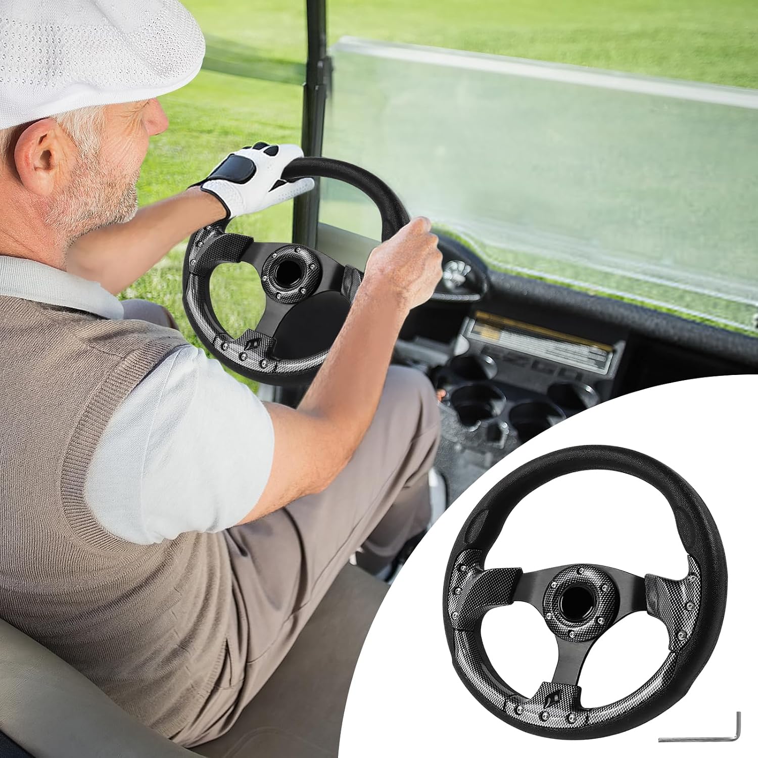 Universal Golf Steering Wheel, Ergonomic Fit for Club Car DS and Club Car DS Precedent EZGO Yamaha Golf (5156A-gery)