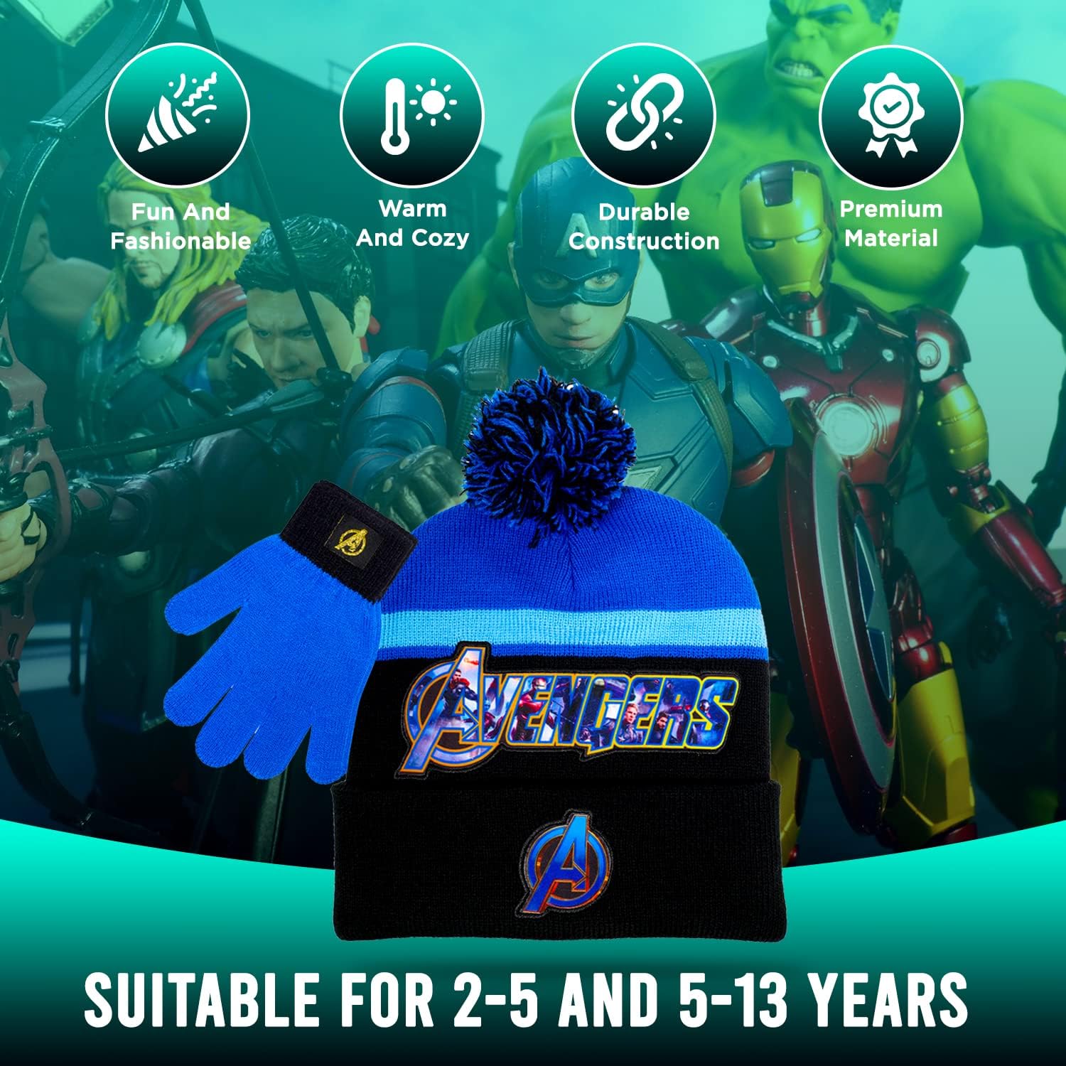 Marvel Avengers Kid’s Hat Scarf and Snow Gloves 3 Pc. Set, Soft Warm Pom-Pom Beanie Cute Outdoor Wear for Boys and Toddlers - Image 3