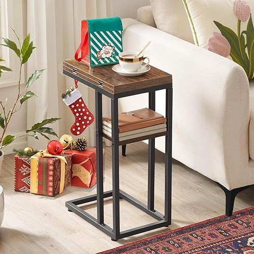 Miniatura 31 de HOOBRO Mesa auxiliar plegable, mesa auxiliar en forma de C con estante de almacenamiento, pequeña mesa de aperitivos adecuada para sala de estar,