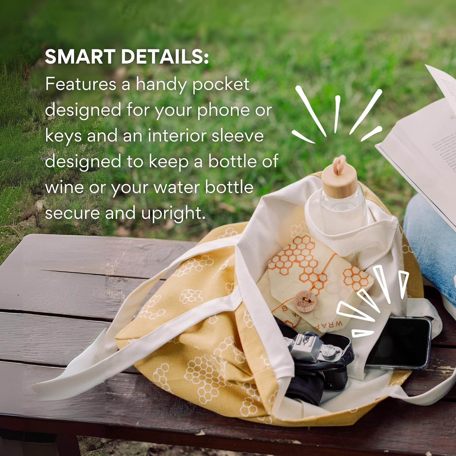 Bee's Wrap Market Tote Bag (Pack of 2) - Durable Organic Cotton - Extra Large Reusable Grocery Bags - Tote Bags with Pockets and Straps - Yellow Honeycomb Pattern - Image 6