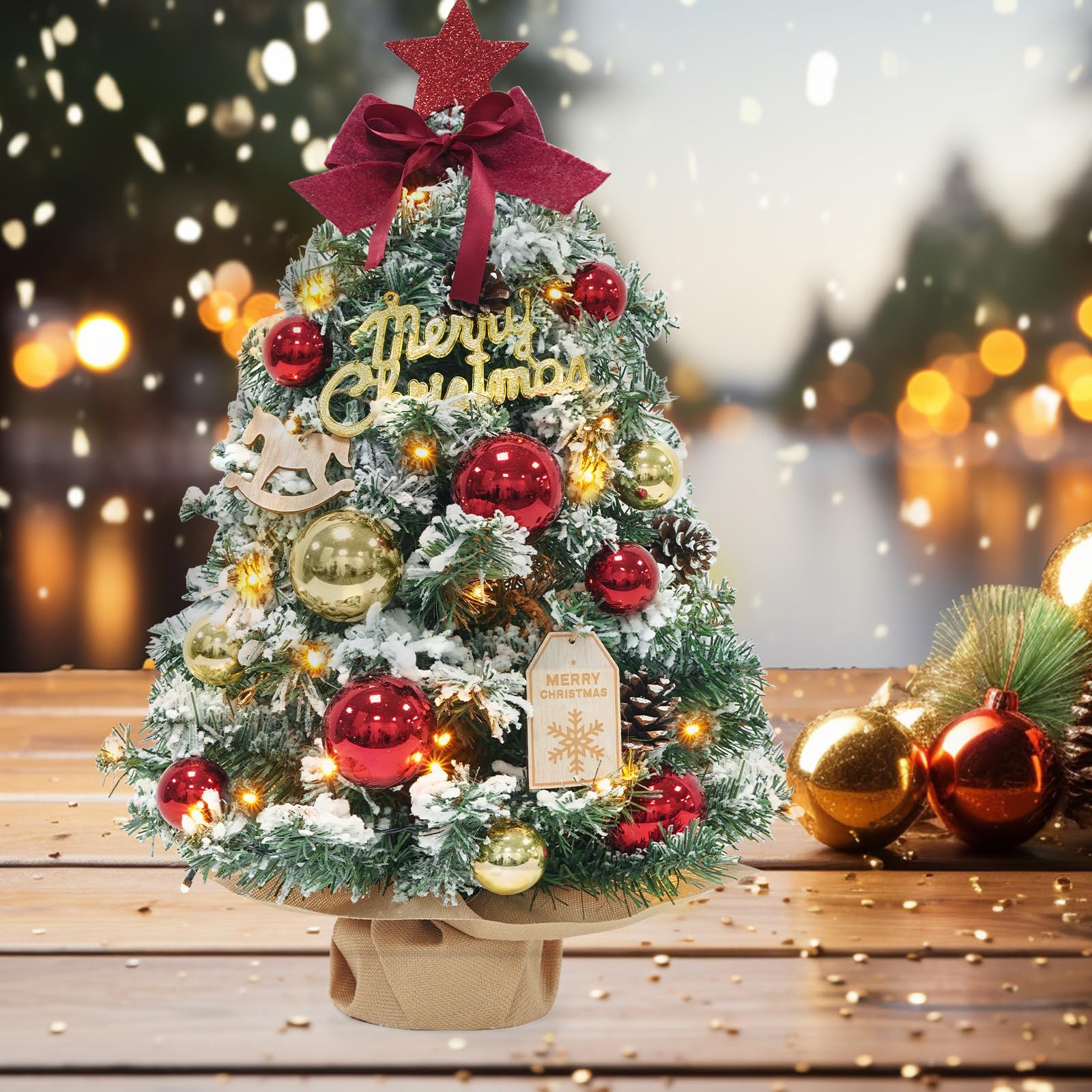 DEWUR Mini albero di Natale piccolo con illuminazione da tavolo a LED, piccolo albero di Natale decorato artificialmente, per decorazioni natalizie (60 cm, rosso con oro), F08-F11