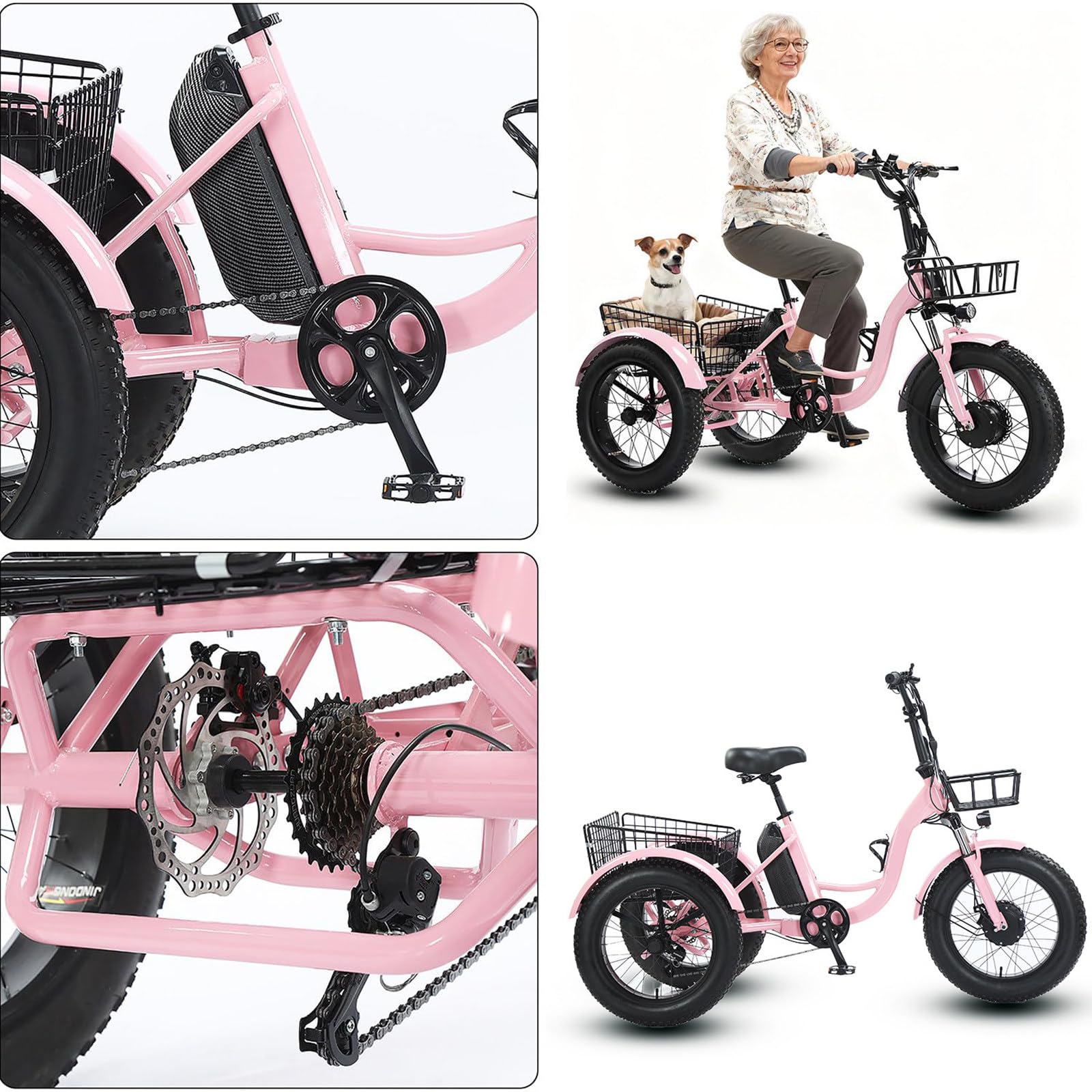 20" Triciclo Elettrico Per Adulti, Batteria Rimovibile Da 48V 13Ah (Autonomia 30-40 Km), Doppi Freni A Disco, Display Led, Capacità Di Carico Massima Di 150kg, Per Pendolarismo, Viaggi Pink