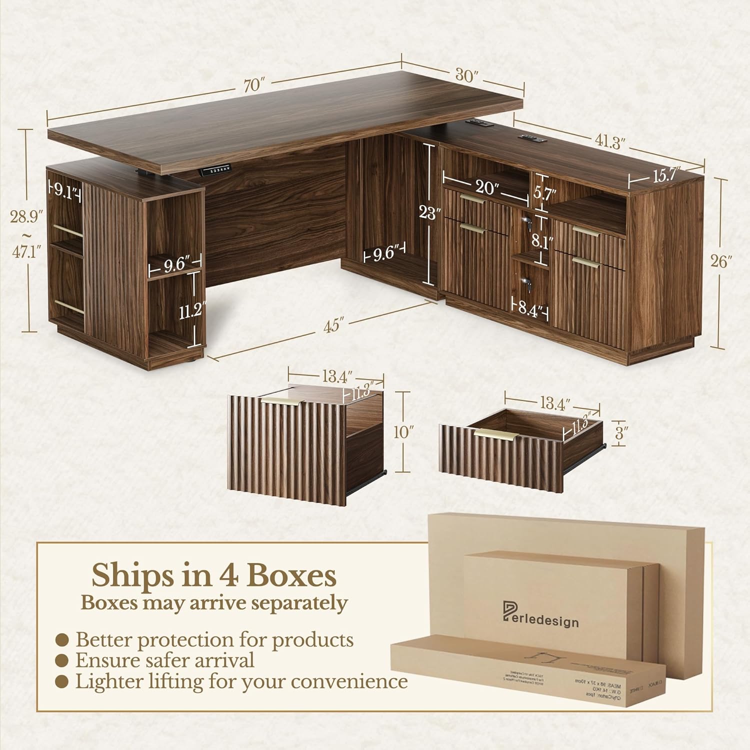 Home Office Furniture Set, 70" Standing Desk with 4 Drawer File Cabinet and Wide Bookcase, Executive Desk with AC/USB, Bookshelf with Drawers, Fluted Style Black Walnut