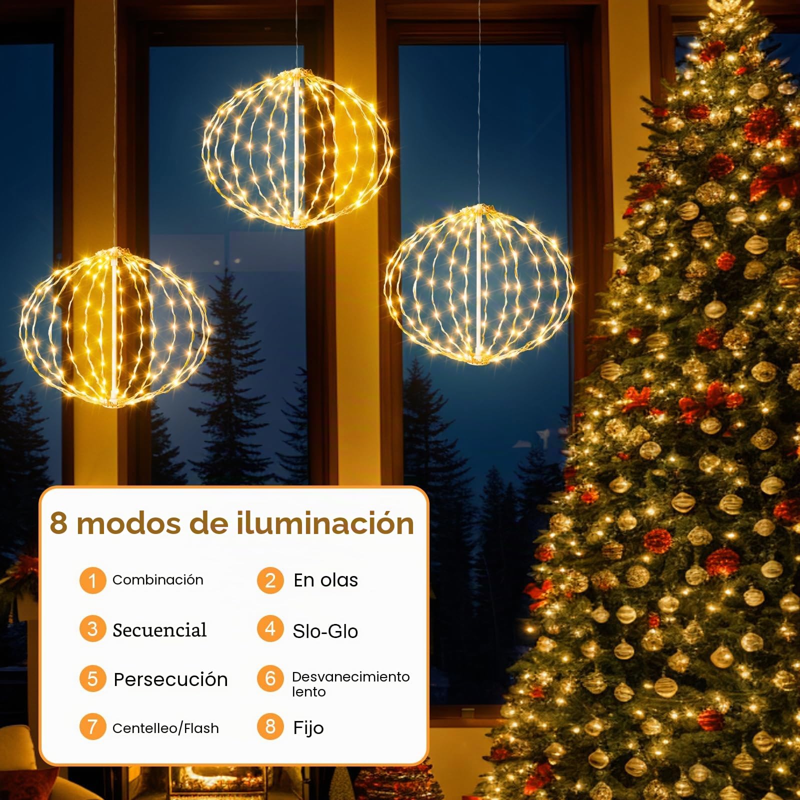 AGOTD Iluminación navideña para exteriores con corriente, 4 unidades de 30 cm de bolas colgantes con temporizador, 8 modos, blanco cálido, decoración navideña al aire libre, bolas luminosas para