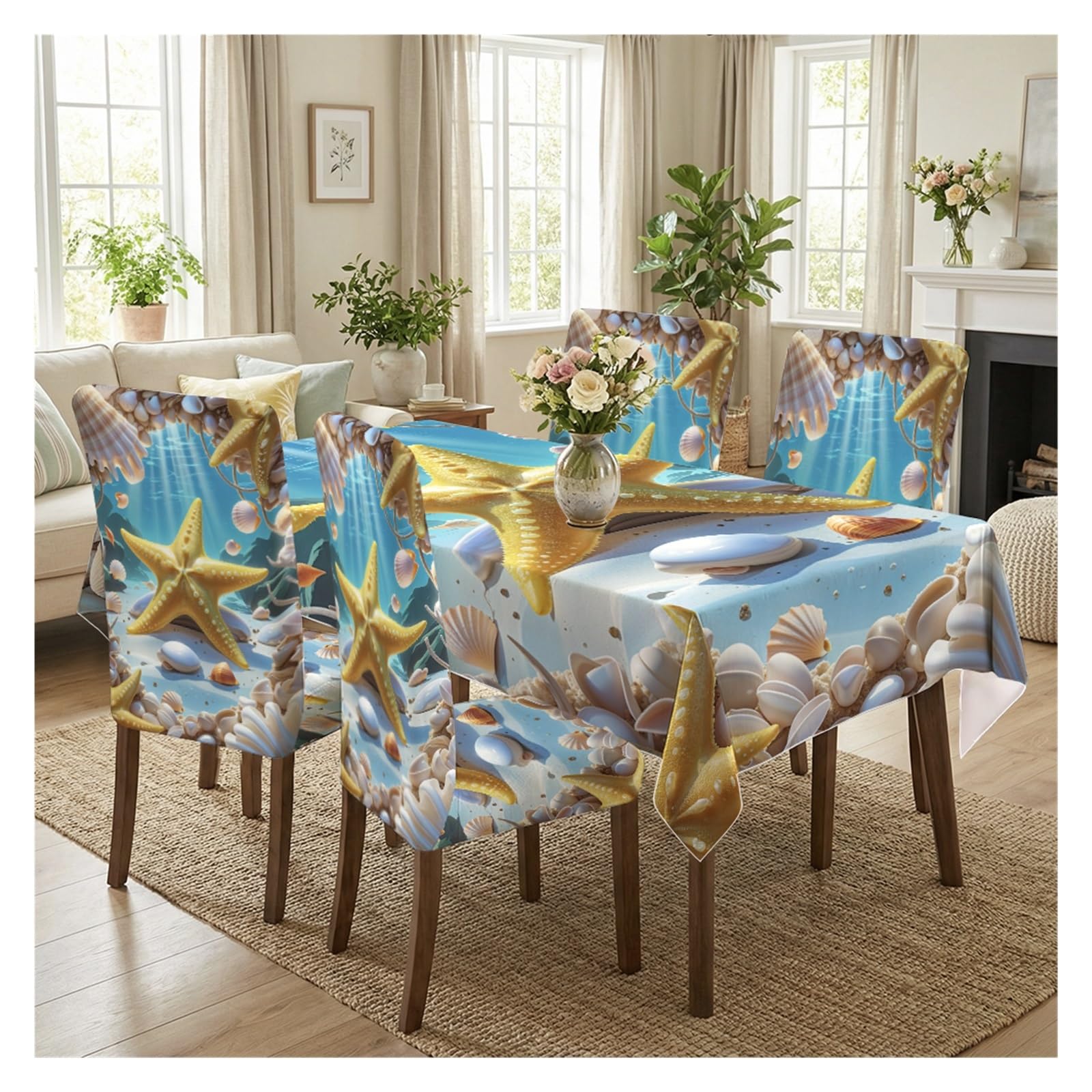 BOSUYBN Ocean Starfish Seashell Dining Chair Covers & Tablecloth Set, 5/7 Piece Underwater Coastal Slipcovers For Beach Nautical Home Decor Table Setting(5pcs Set: Tablecloth+Chair Covers)