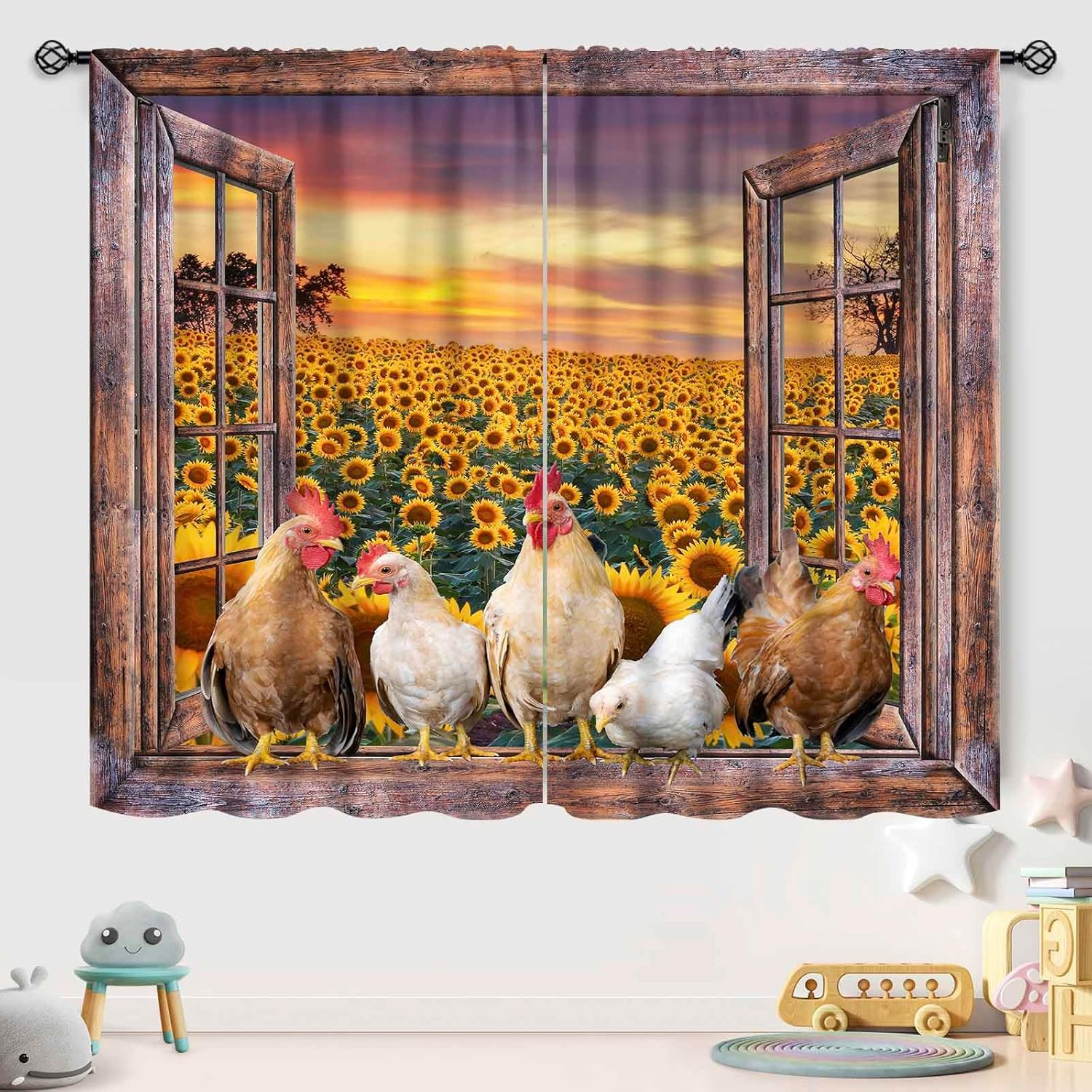 Rooster Kitchen Curtains,Farmhouse Farm Sunflower Vintage Chicken Rustic Wooden Barn Small Short Cafe Window Curtains Country Rod Pocket Bedroom Living Room Bathroom Drapes 2 Panels,42x63 Inch
