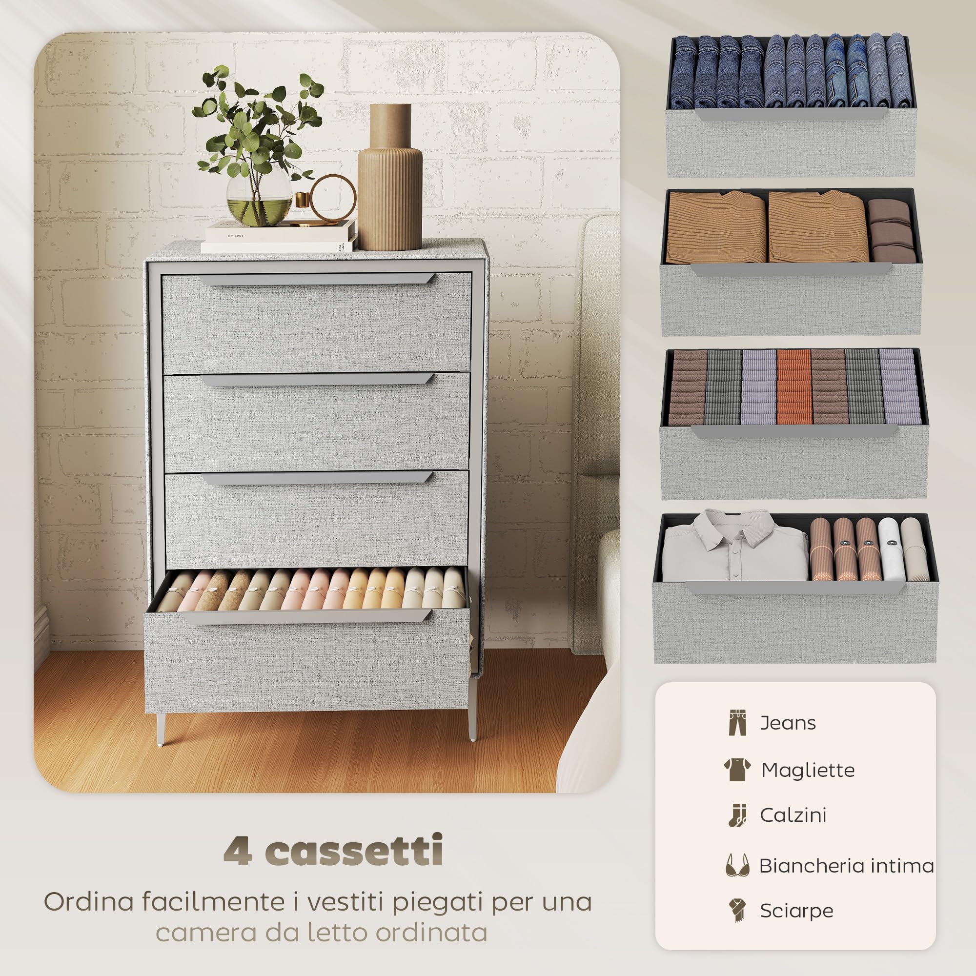 HOMCOM Cassettiera 4 Cassetti in Tessuto Effetto Lino 60x36x88 cm Grigio | Cassettiera Camera da Letto, Elegante e Moderna, Struttura in Acciaio, per Ingresso e Soggiorno
