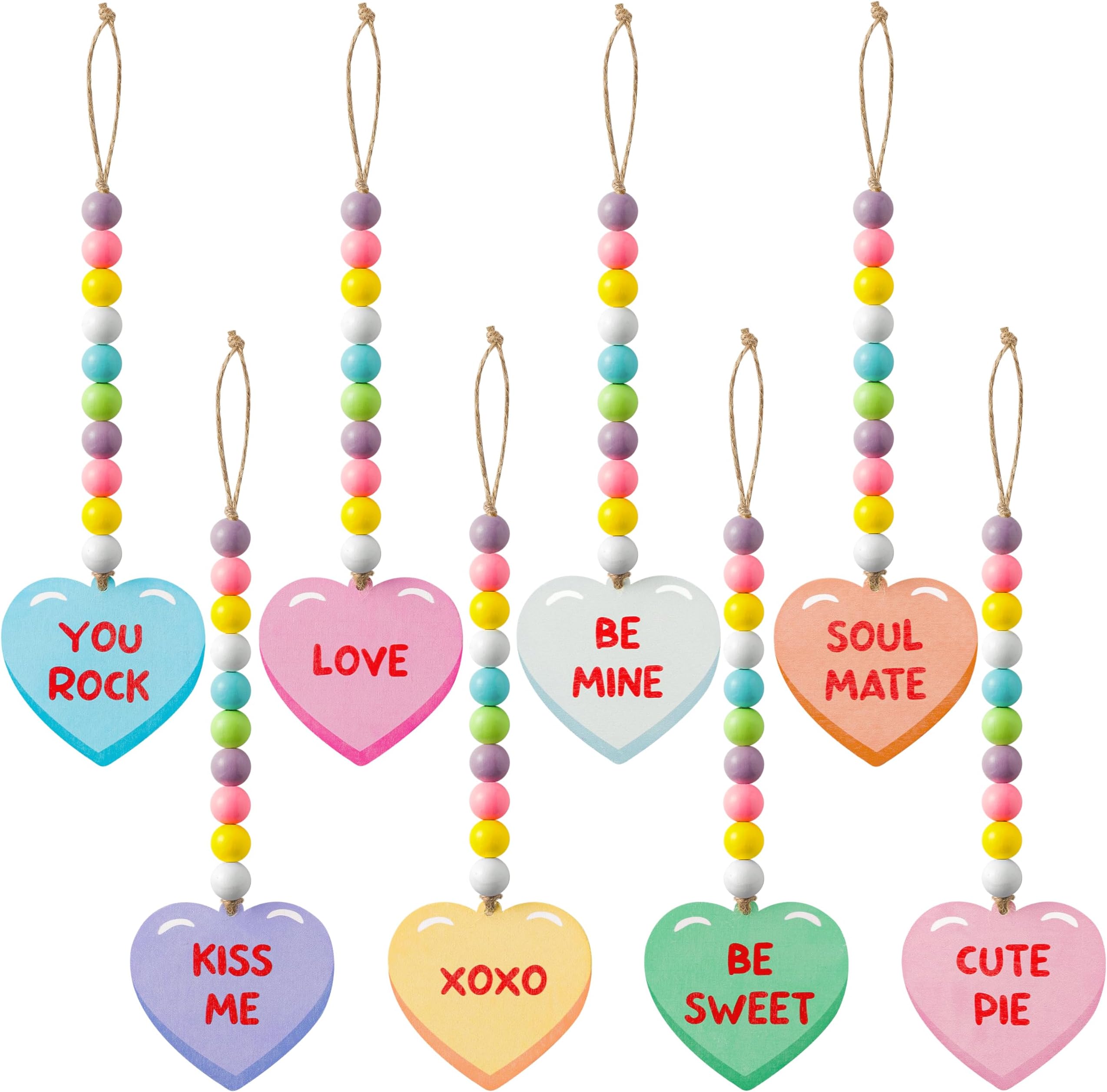 WATINC 8pcs Valentine's Day Wooden Bead Conversation Heart Garland, Sweet Love Wood Hanging Ornament, Double-sided Romantic Heart Pendant Hang Decor with Rope for Happy Valentine Party Tree Wall Decor