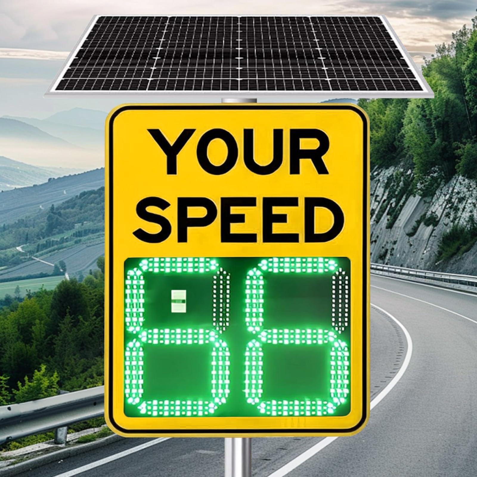 Señal de visualización de velocidad de radar alimentada por energía solar con retroalimentación LED para seguridad del tráfico y aplicación de límites de velocidad