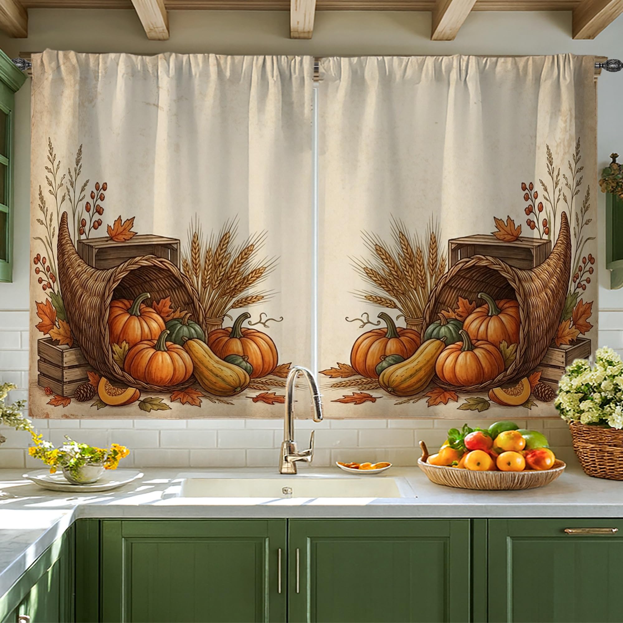 Rideaux rustiques de cuisine pour brise-vue efficace motif citrouilles d'automne