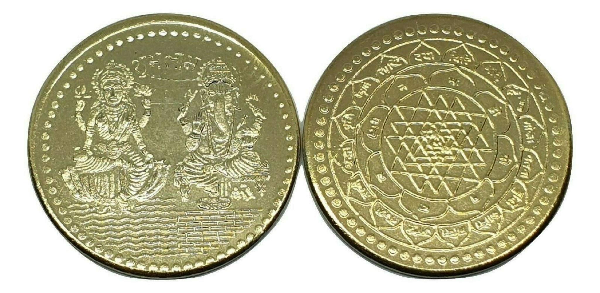 Laxmi Ganesh Ganesha Lakshmi Puja Yantra Good Luck Gold Plated Fortune Coin