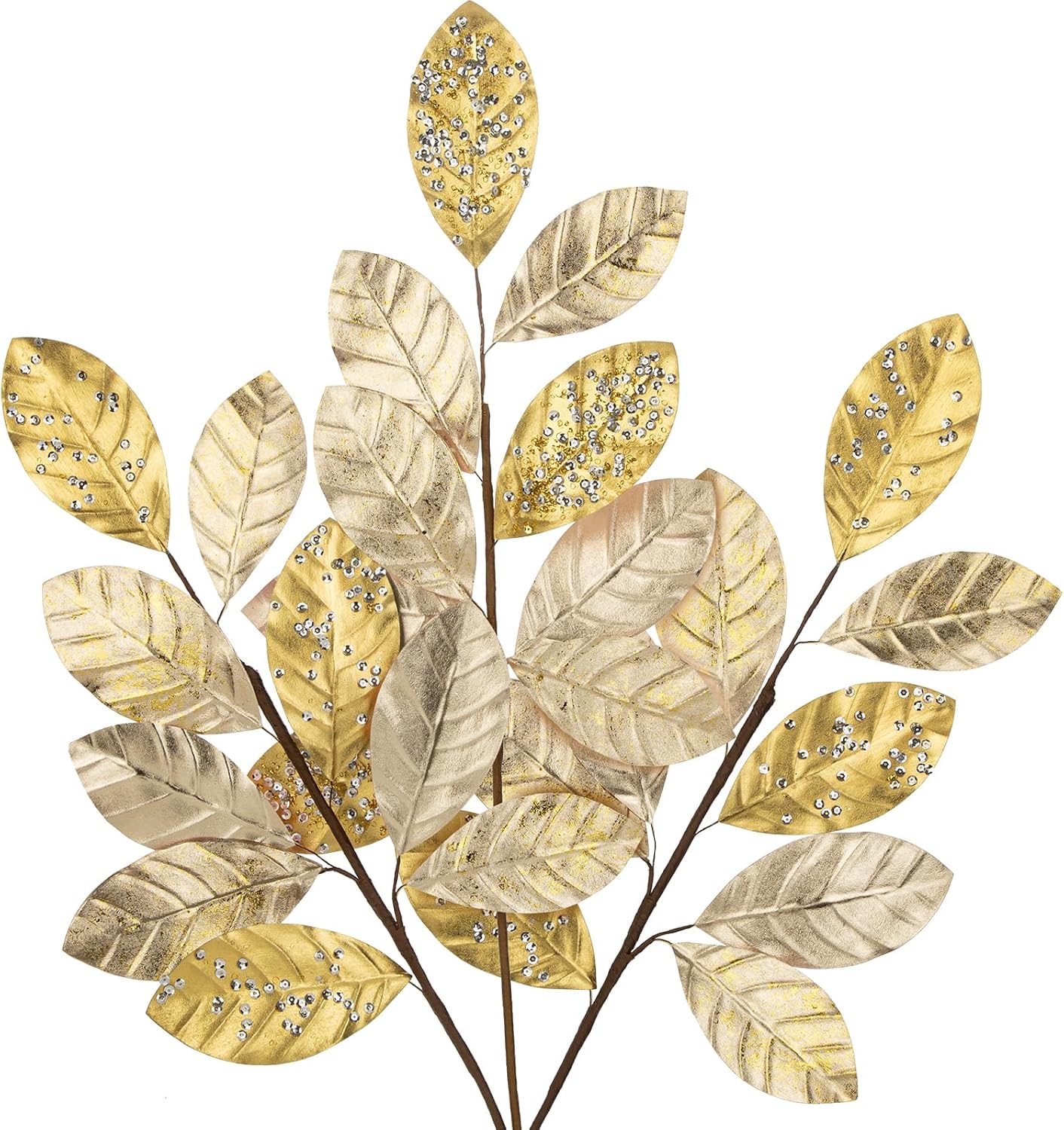 Hollyone 23.6” Christmas Tree Picks and Sprays 3Pcs Champagne Artificial Magnolia Stems Magnolia Leaves Branches Fake Gold Leaf Floral for Vase DIY Xmas Tree Garland Wreath Centerpieces Wedding Decor