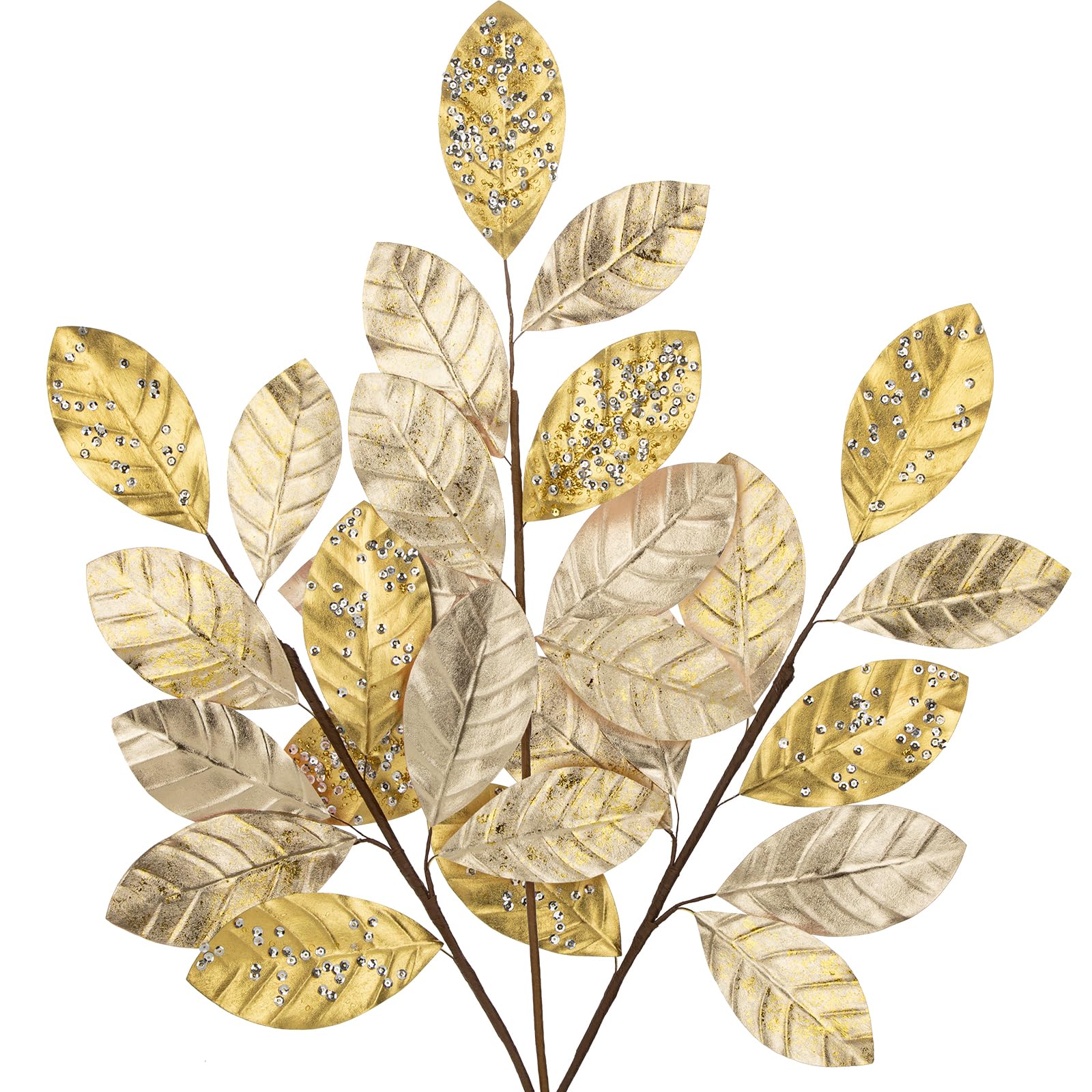 Feuilles de Noël artificielles pailletées champagne 60 cm lot de 3 pour grand vase
