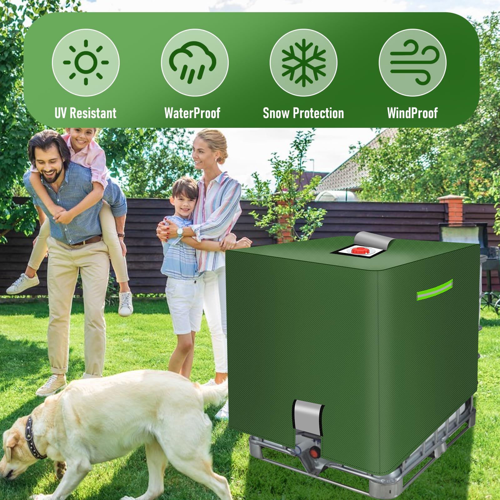 Telo Protettivo Per IBC 1000L In Tessuto Oxford 420D - Con Chiusure In Velcro, Strisce Riflettenti E Custodia, Verde