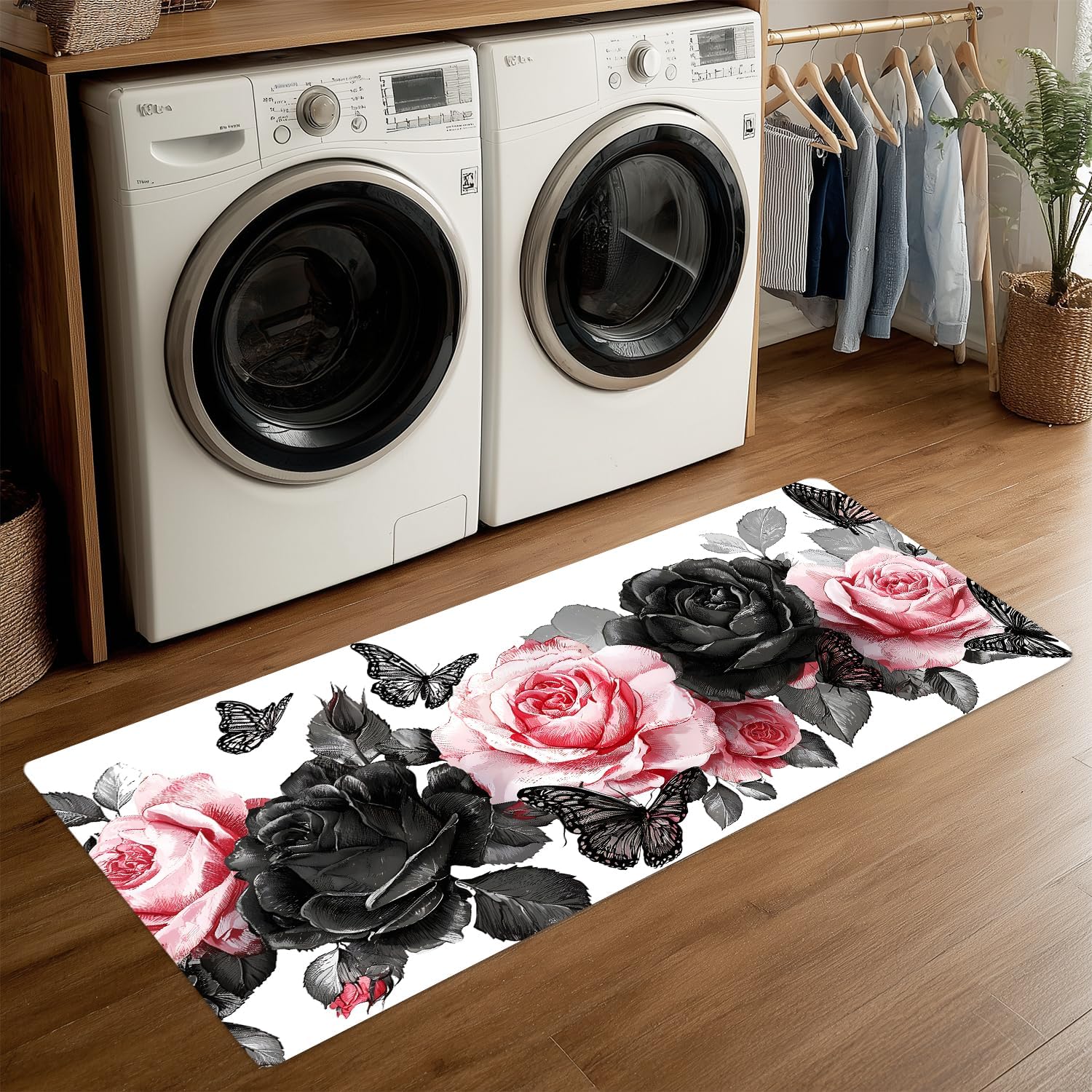 ANNA QUEEN Pink and Black Rose Valentine's Day Laundry Room Rug 20x47 Inch – Butterfly Floral Non Slip Runner Mat for Kitchen, Hallway and Elegant Home Decor