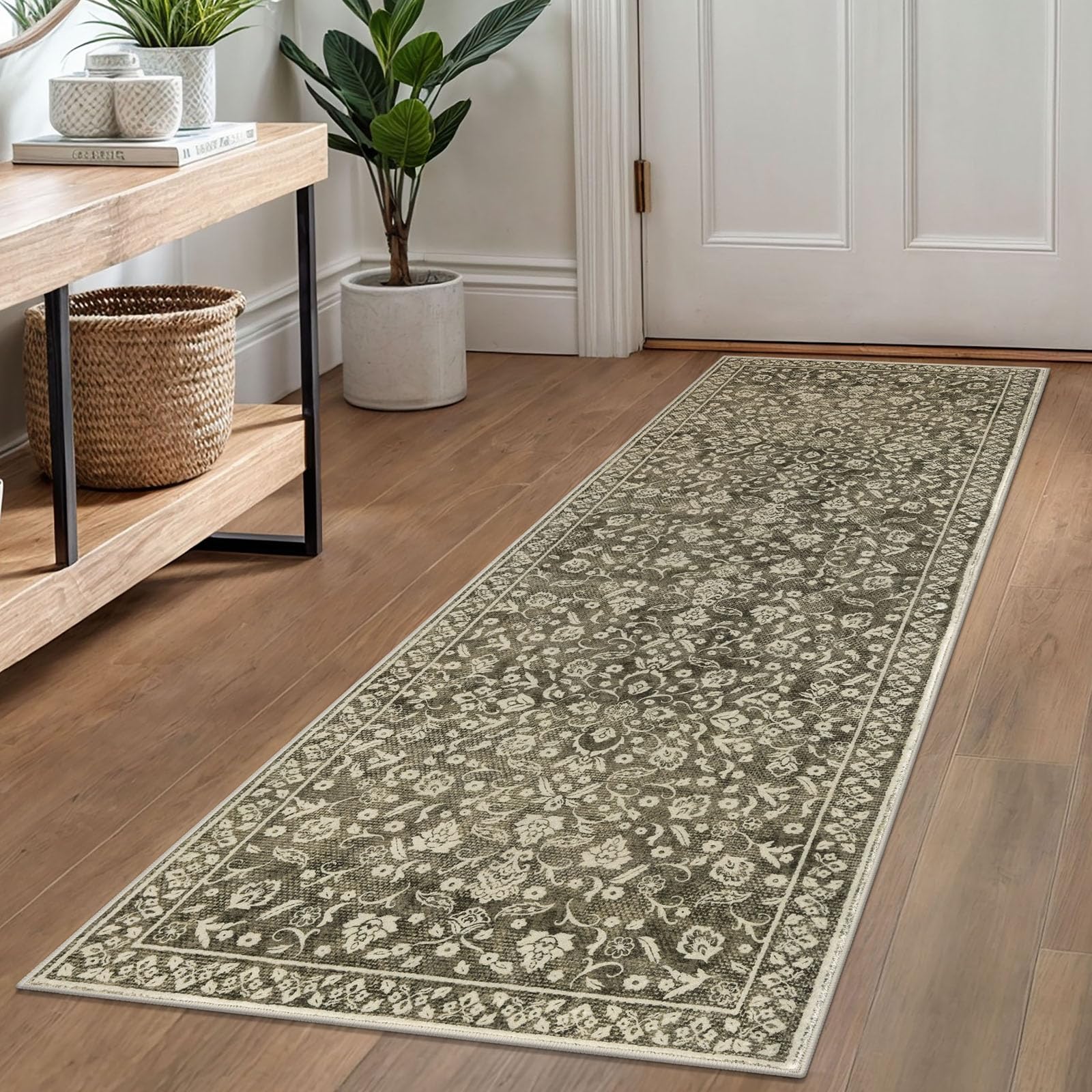 SILOLOOM Vintage Washable Runner Rug 2x6, Taupe Brown Runners for hallways, Super Soft Kitchen Runner Rug Non Slip, Printed Faux Wool Floral Thin Carpet Runner for Entryway Laundry Room Bedroom โ image 1