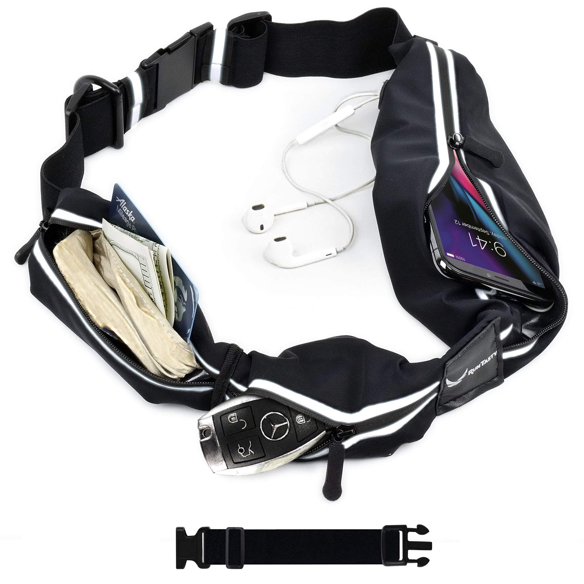 [Votado #1 Cinturón para correr] Riñonera para corredores con bolsillo de bloqueo RFID, para iPhone 7, 8, 8+, X 11, 12, 13, 14 y Android Samsung. Sin rebote, impermeable, elegante negro, tamaño