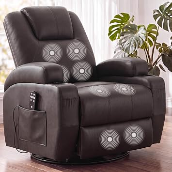 Furmax Recliner Chair, 360 Swivel Rocker Chair for Adults with Massage | Rocking Recliner Chair, Comfy Single Sofa with Side Pockets Cup Holders for Living Room, Nursery Leather, Dark Brown