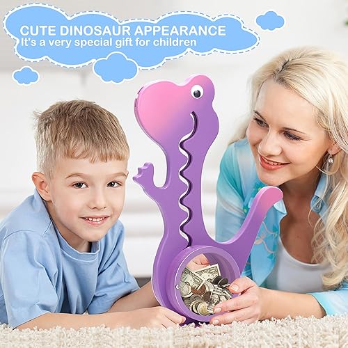 Miniatura 7 de Hucha de dinosaurio de madera Boalord para niños y niñas, banco de monedas de animales de vientre grande transparente para niños pequeños, juguete