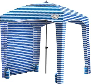 Qipi Beach Cabanas for Sand, Beach Canopy with Sandbags & Side Wall for Family, Easy Set Up Sun Shelter, UPF 50+ UV Protection with Roof Vent 6' x 6' Blue Stripes with Changing Room