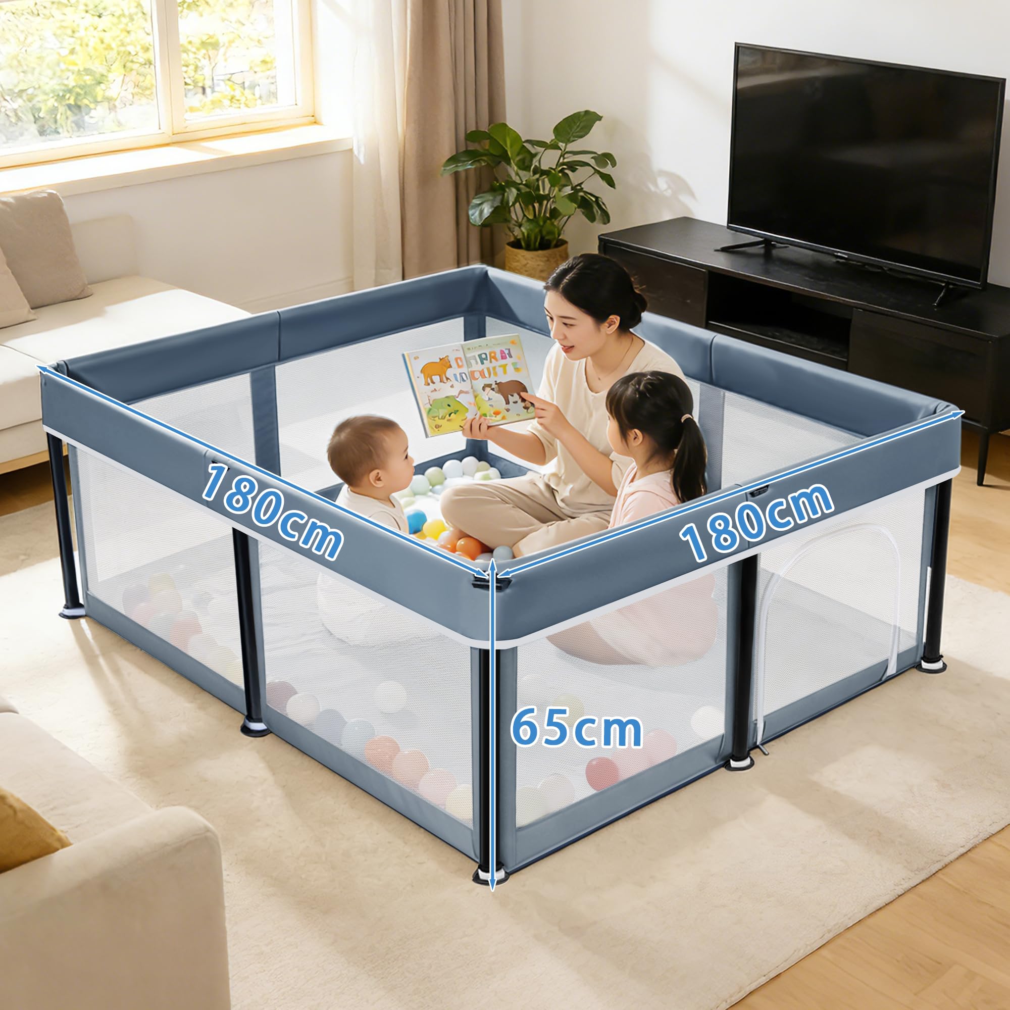 Parc pour bébé - 180 x 180 cm - Pliable - Gris foncé | Clôture de jeu 150D Oxford pour intérieur et extérieur avec sac de rangement, parc
