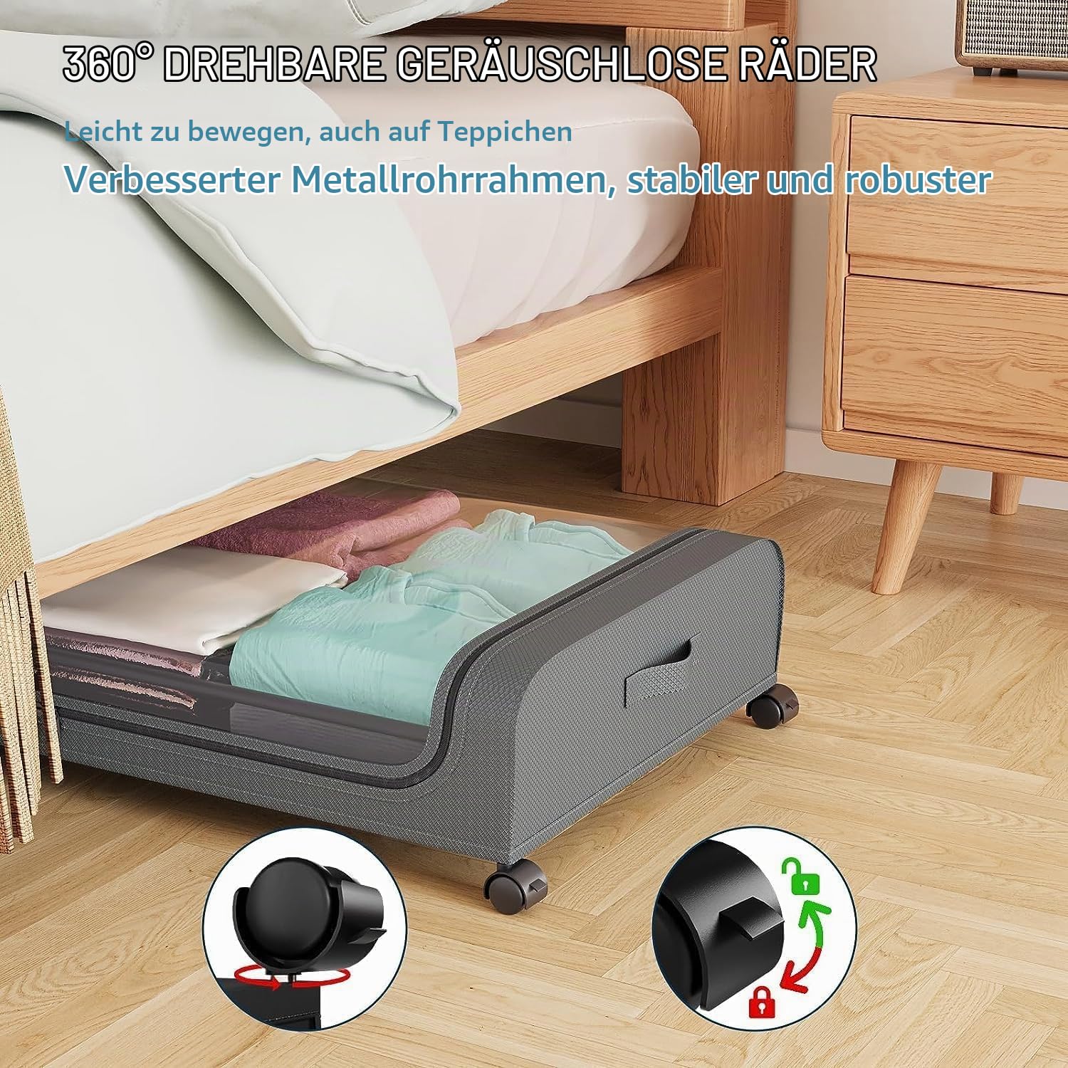 2 Stück Unterbettkommode mit Rollen,Aufbewahrungsbox mit Rollen 360° Drehung und Sichtfenster Deckel,Metallrahmen Unterbett,Unterbett-Aufbewahrungstasche Kleideraufbewahrung (grau)