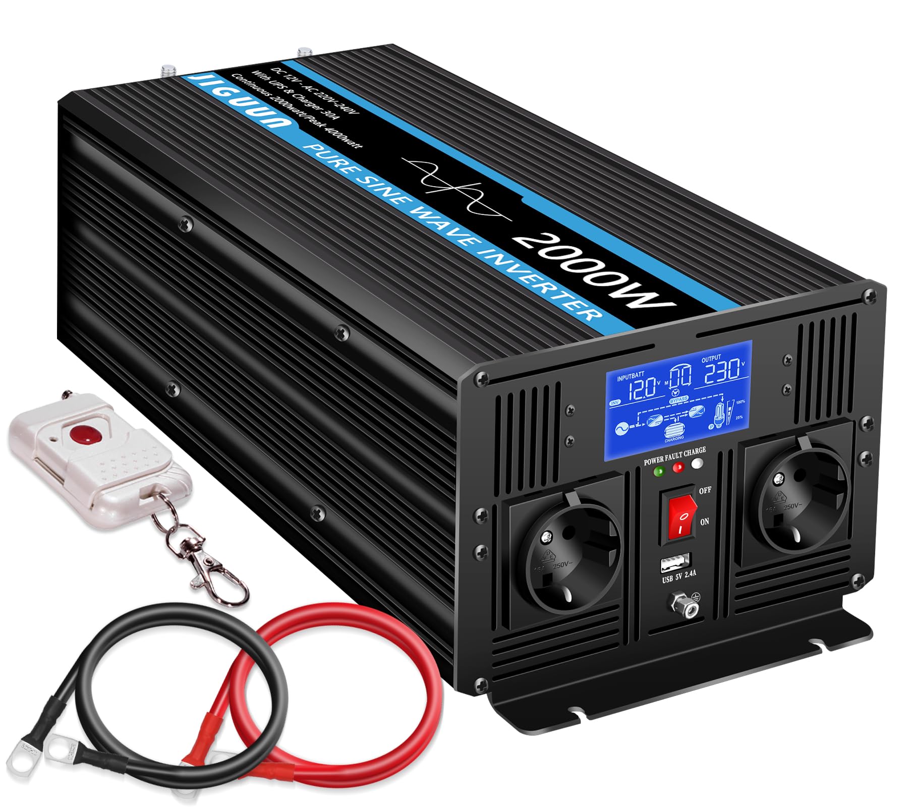 JIGUUN 2000W Inversor 12V 220V Onda Pura Inverter con Cargador 30A y Circuito Prioritario de Red y SAI，2 Tomas EU, Mando a Distancia Inalámbrico y Pantalla LCD Potencia Pico 4000W