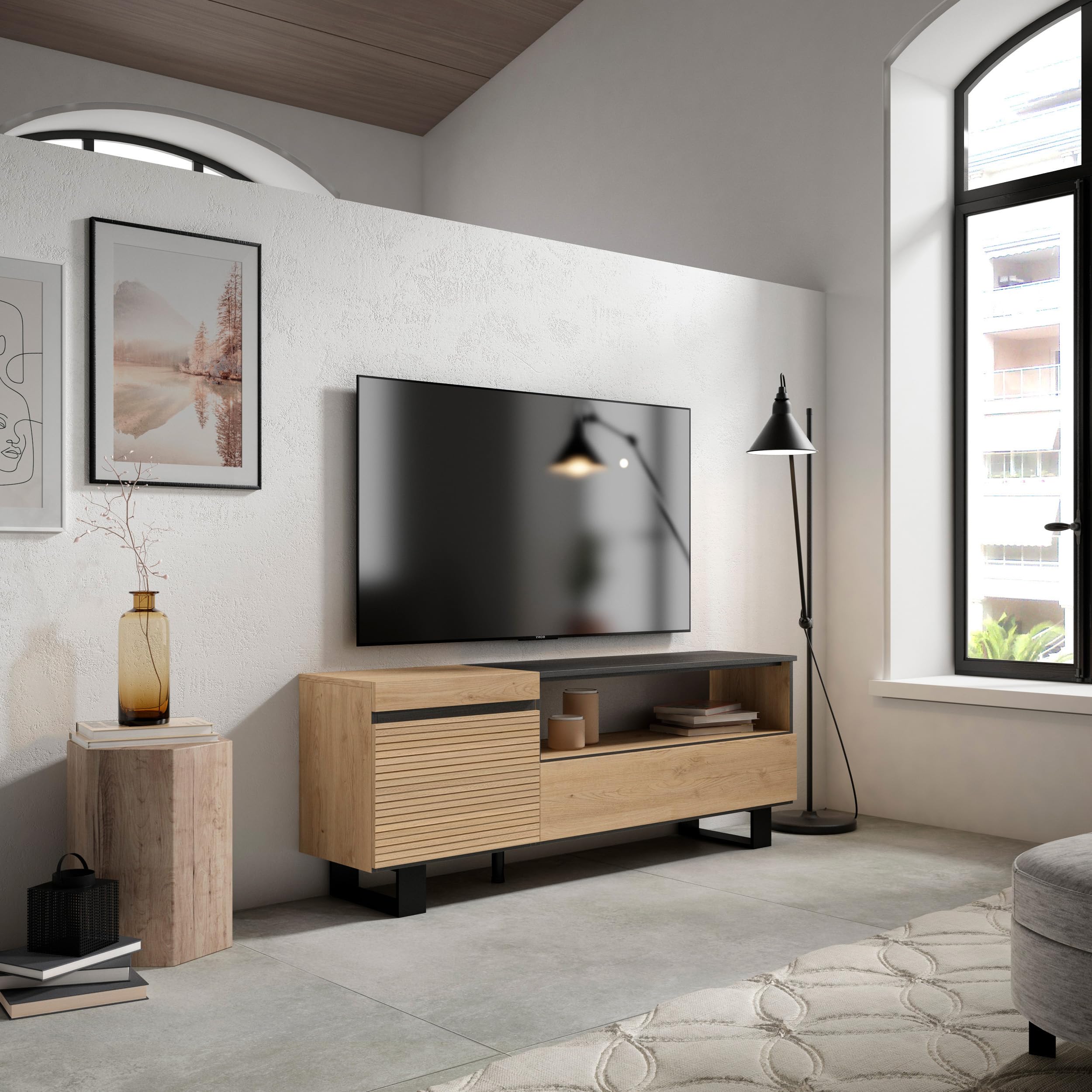 Skraut Home | Mueble TV | Televisión | Muebles de salón, almacenaje | 150x57x35cm | para TV hasta 65" | Diseño Industrial | Estilo Moderno | Roble