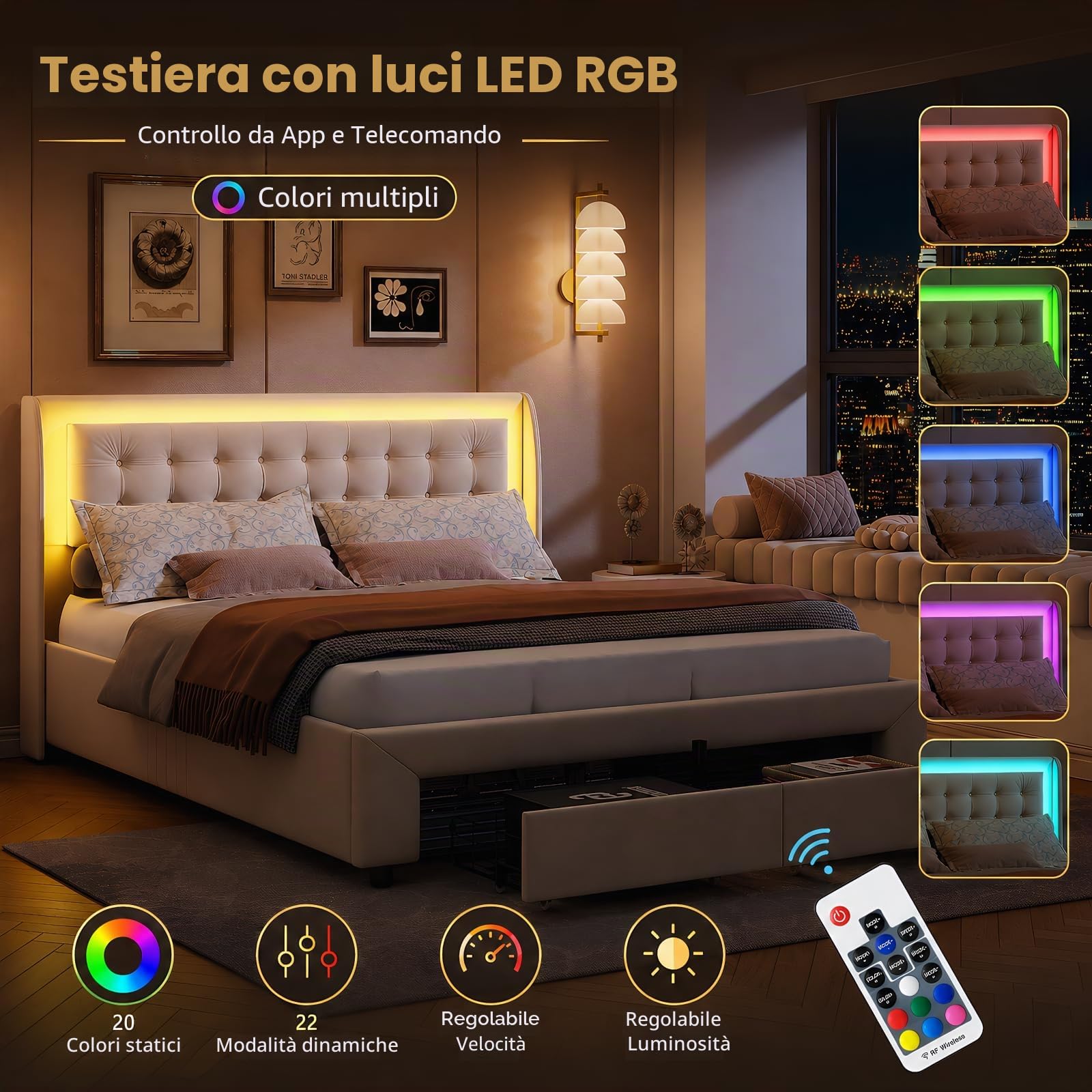 BRILVERDE Letto Imbottito 180x200 con Contenitore cassetti, Letto matrimoniale con LED, con testiera, Struttura Letto con Rete a doghe, Velluto (Beige, 180 x 200 cm)