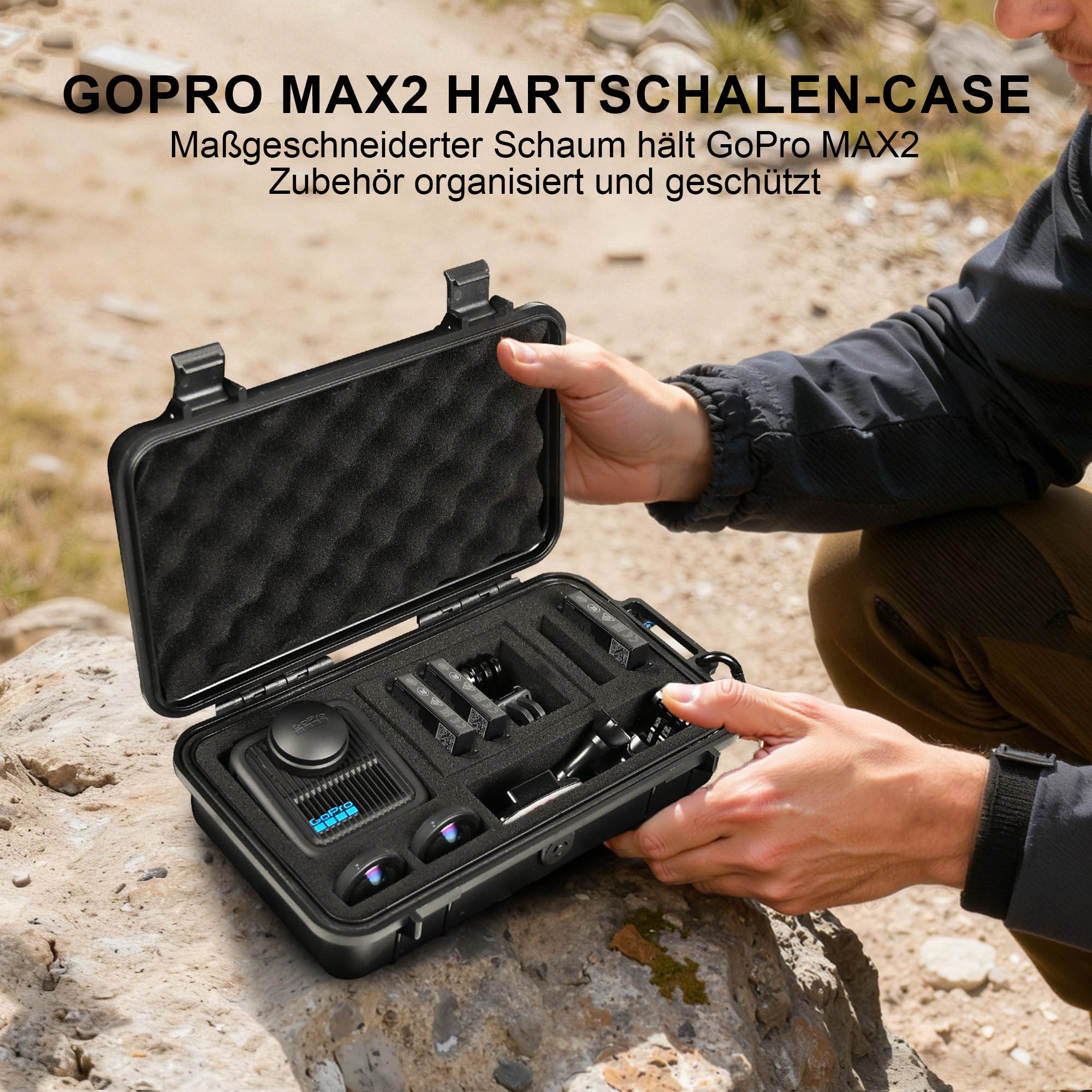 LEKUFEE Reise-wasserdichte Hartschale für GoPro MAX 2, Action-Kamera, Akku, Dual-Ladegerät und Zubehör(Nur Tasche)