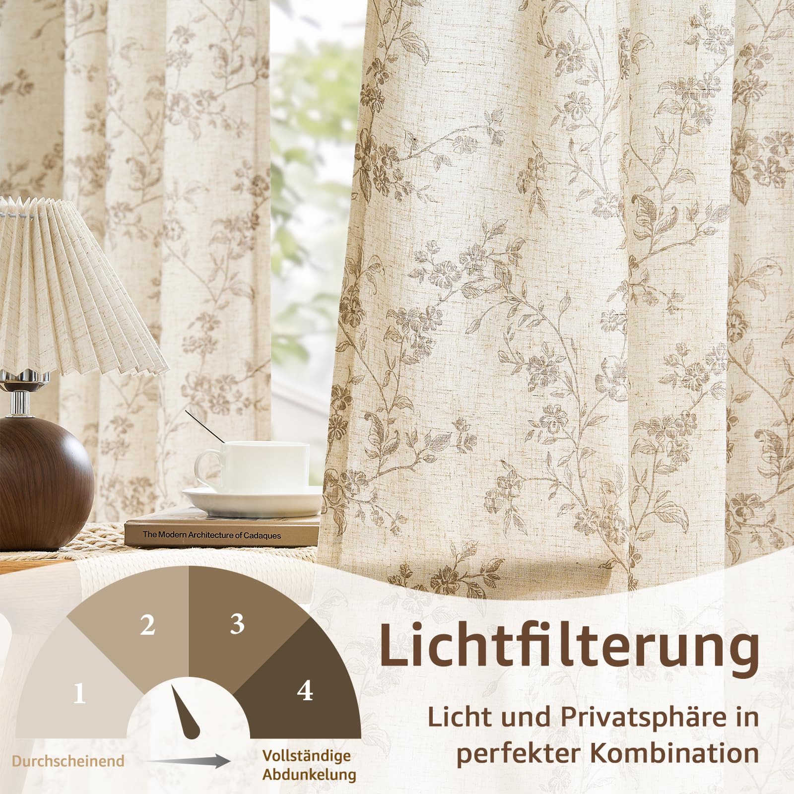 TOPICK Cortinas para Salón de Lino Modernas 2 Piezas 140An x 260Alcm Marrón | Cortinas para ventanas translúcidas con cinta fruncidora de dormitorio, cortinas de estilo rústico, bohemio, para Privacidad