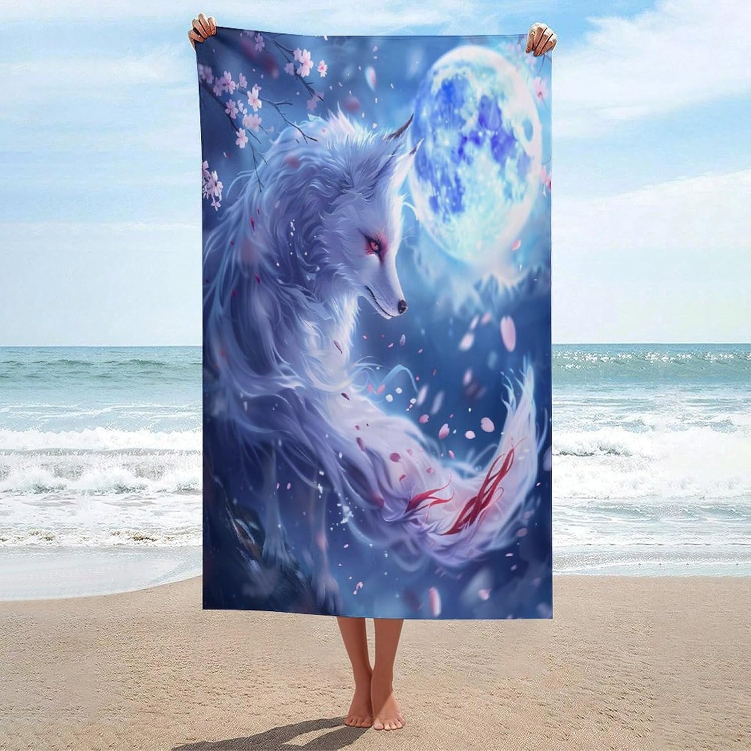 Nine Tailed Fox Cherry Flowers Bath Towel Beach Towels Quick Dry Oversized Bath Blanket Highly Absorbent Towel for Women Men 160x80cm