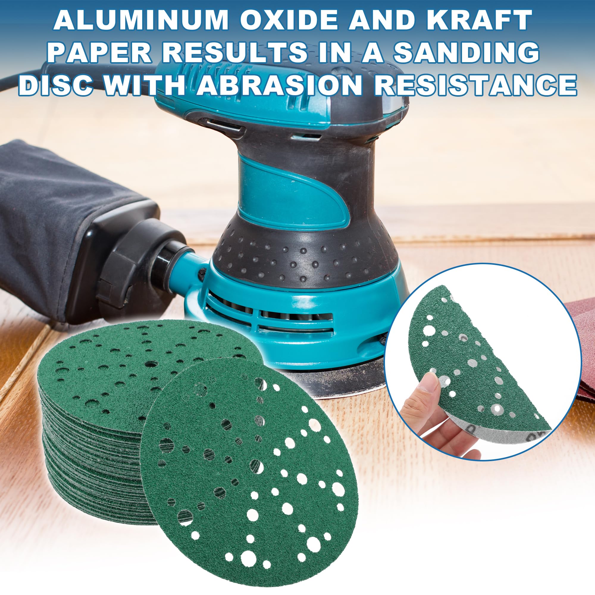 A ABSOPRO Sanding Discs 6 Inch 49 Hole 40 Grit Round Hook and Loop Sandpaper Aluminum Oxide Green 50pcs, 6" - Image 2