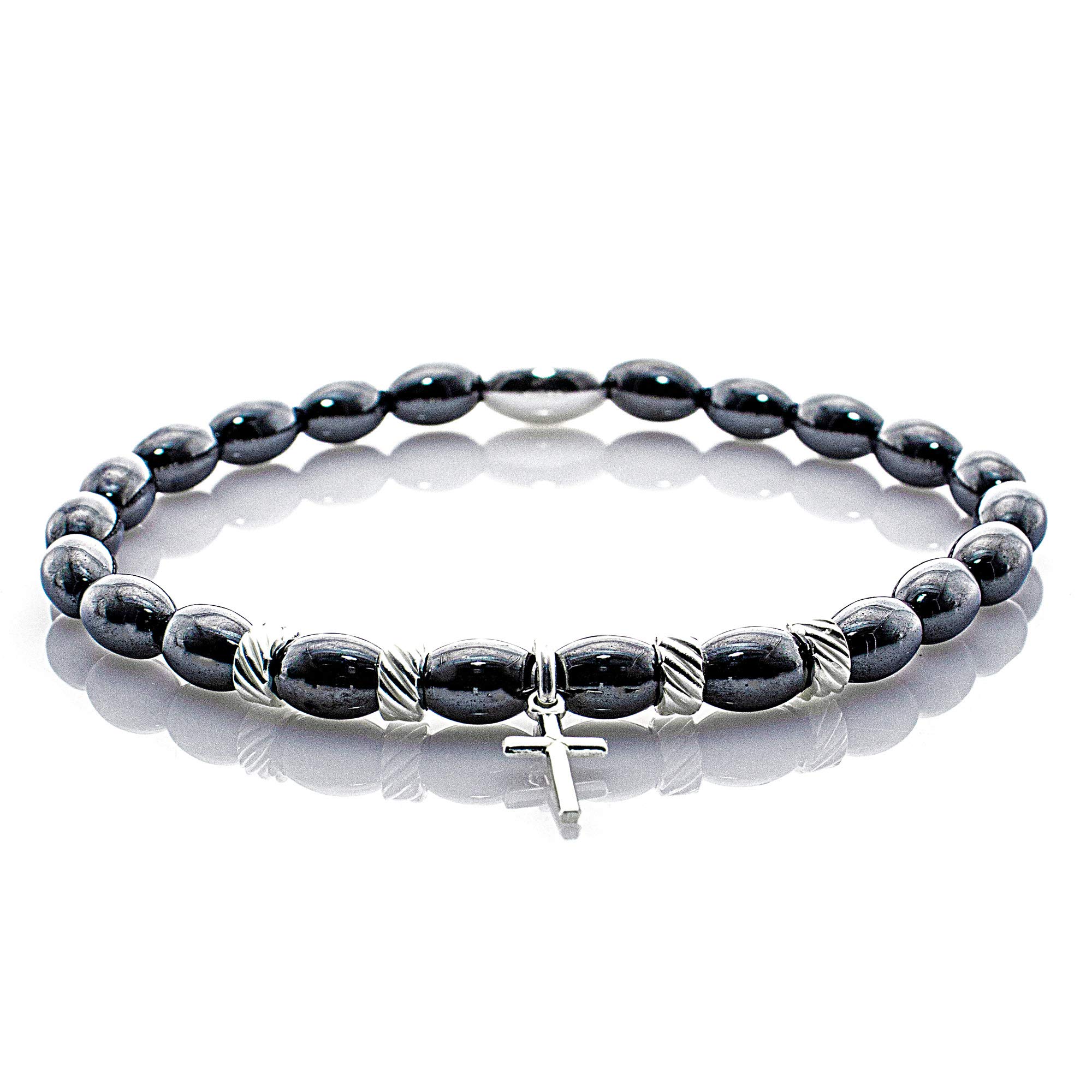 Bracciale in argento sterling 925 con ematite Bracciale con perline Ciondolo in canna di fucile Croce 6 mm (Liscio)