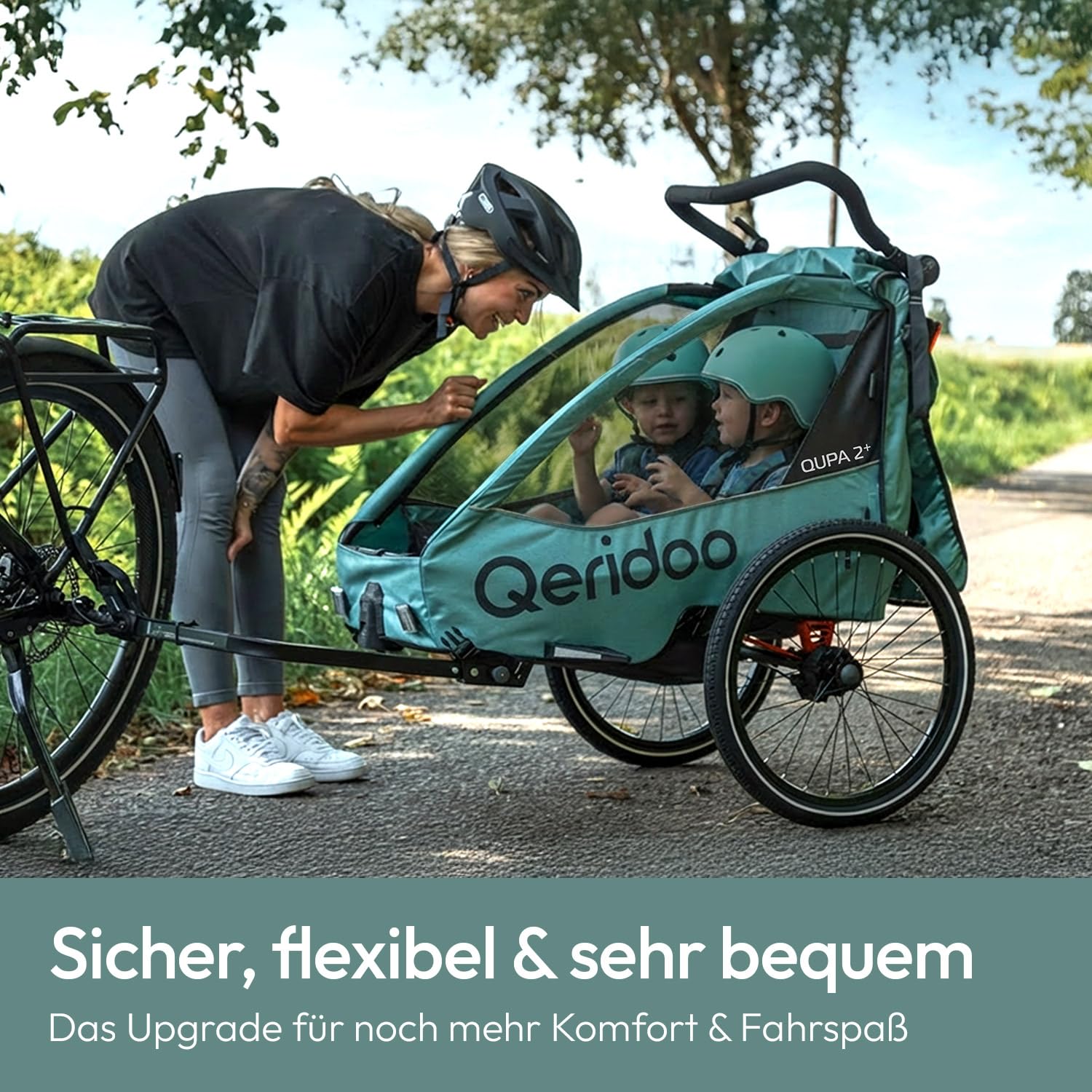 Qeridoo QUPA 2 Plus Mineral Blue Jogger-Set | Fahrradanhänger 2 Kinder mit Joggerrad, Kupplung & Faltgarage | Fahrrad Anhänger Kinder | Kinderanhänger Fahrrad | Jogger Kinderwagen