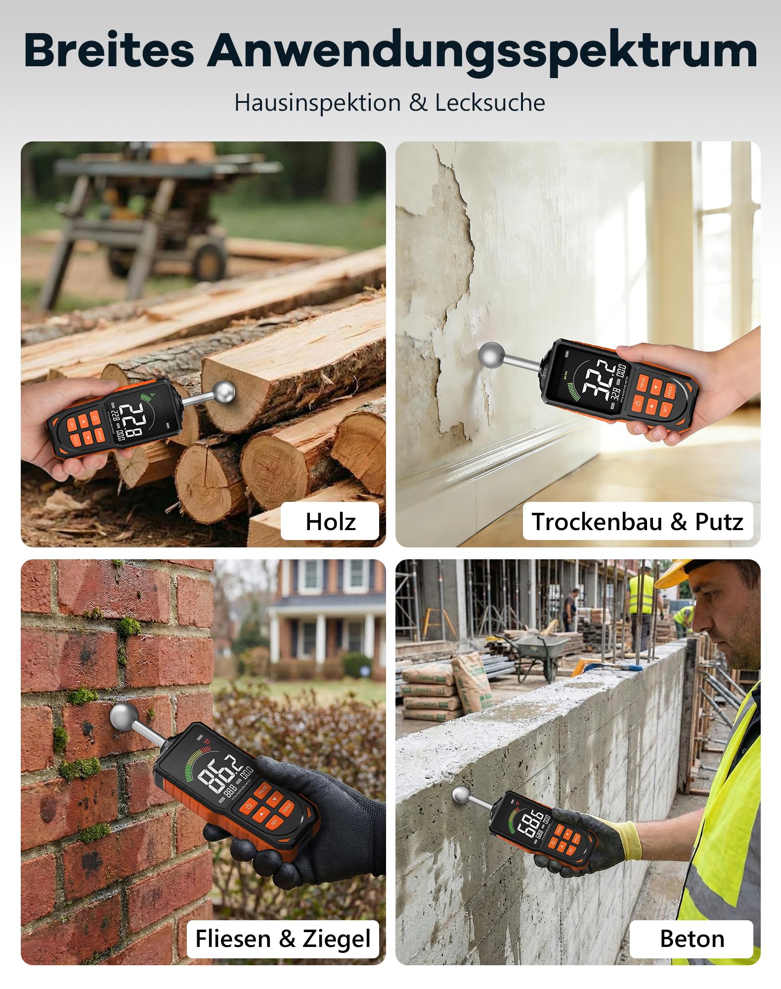 Feuchtigkeitsmessgerät Wand & Holz, Zerstörungsfreies Feuchtemesser mit Kugelsensor, 40mm Tiefenscan USB-C Aufladbar LCD Farbbildschirm Feuchtemessgerät für Beton,Estrich,Wohnmobil-Inspektion