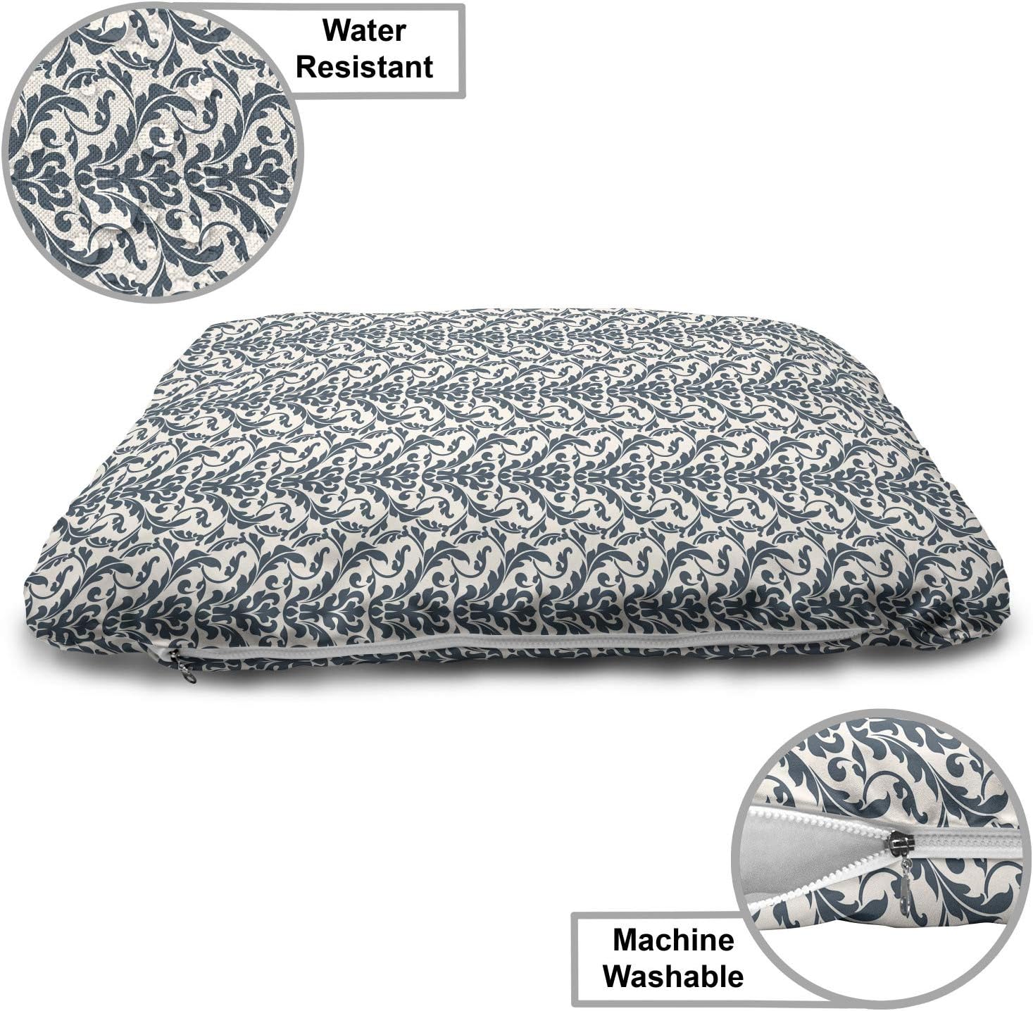 review Lunarable Damask Pet Bed, Continuous Romantic Vintage Botanical Swirls with Victorian Feels Print, Chew Resistant Pad for Dogs and Cats Cushion with Removable Cover, 24