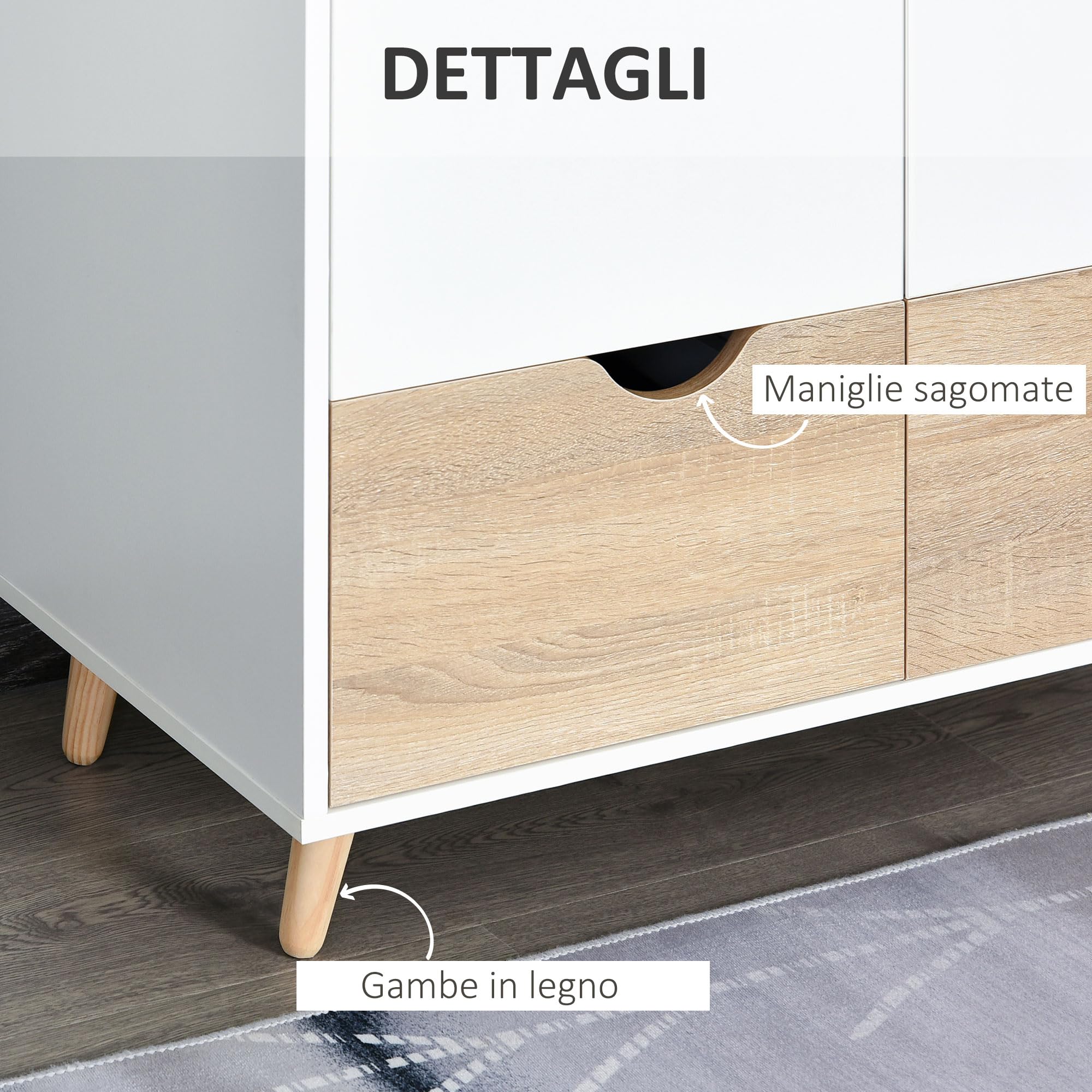 HOMCOM Armadio Guardaroba a Due Ante in Legno con Maniglie Intagliate, Armadio Camera da Letto con Ripiano, Appendiabiti e 2 Cassetti, 80x40x180cm, Bianco