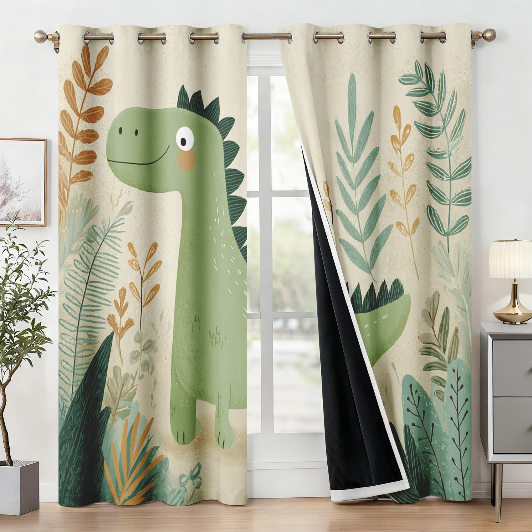 Générique Lot de 2 Rideau Occultant Dinosaure, Rideau Isolant Thermique à Oeillets pour Salon Chambre Cuisine Fenetre, Motif Feuilles Dinosaure Mignon Enfant, 140x220 cm (LxH)