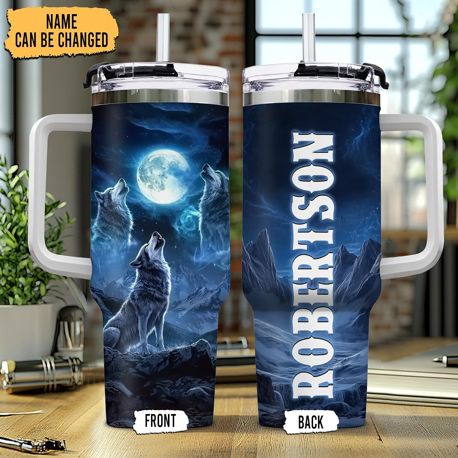 Hyturtle Personalized Wolf 40oz Tumbler with Handle and Straw Gifts for Wolf Lovers, Fathers Day Gift For Men, Dad, Birthday Gift Ideas, Custom Name Insulated Stainless Steel Travel Cup With Lid