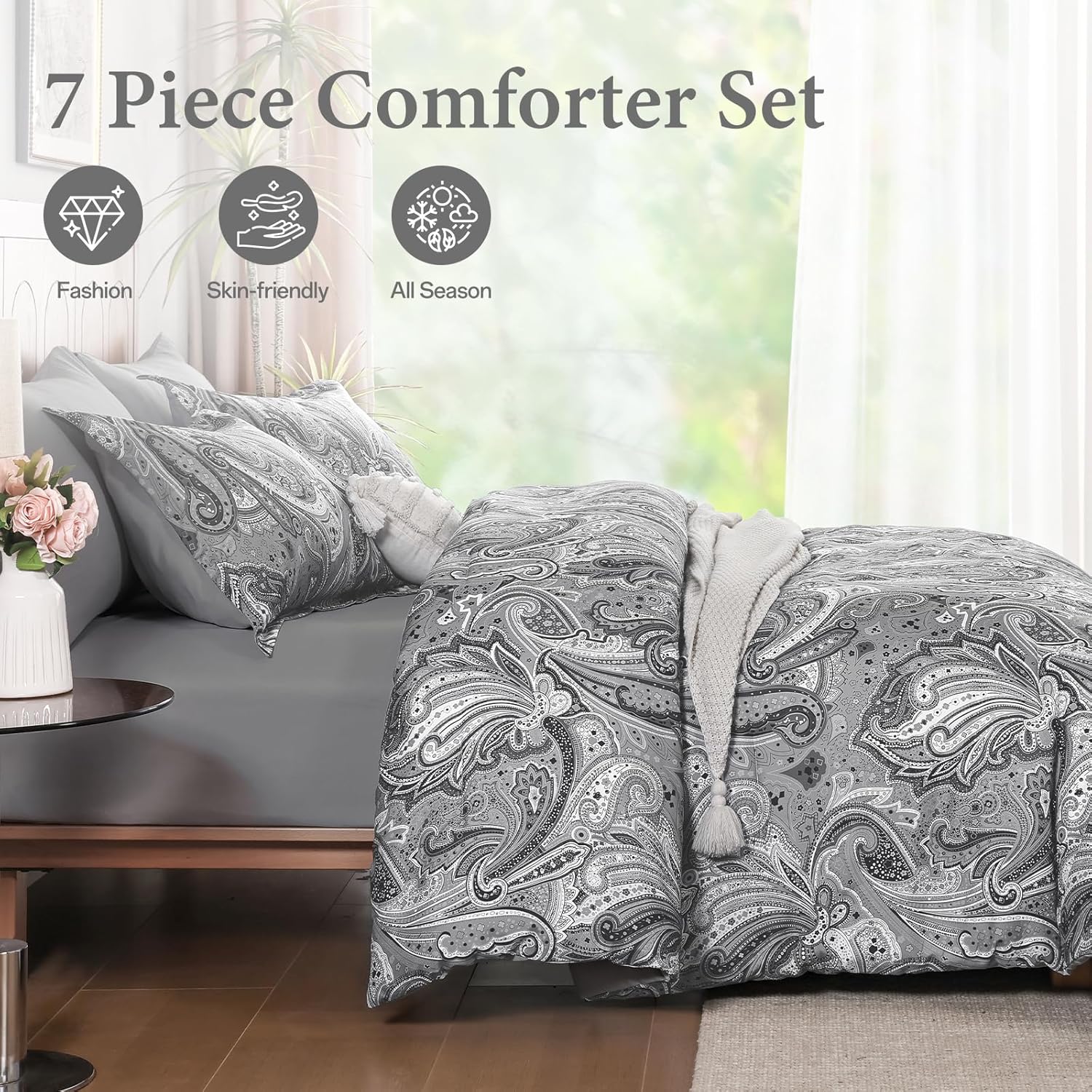 DJY Grey Paisley Comforter Set Queen, 7 Piece Boho Paisley Dark Gray Bed in a Bag Comforter Set, Soft Microfiber Complete Bedding Set for All Season (90''x90) - Image 4