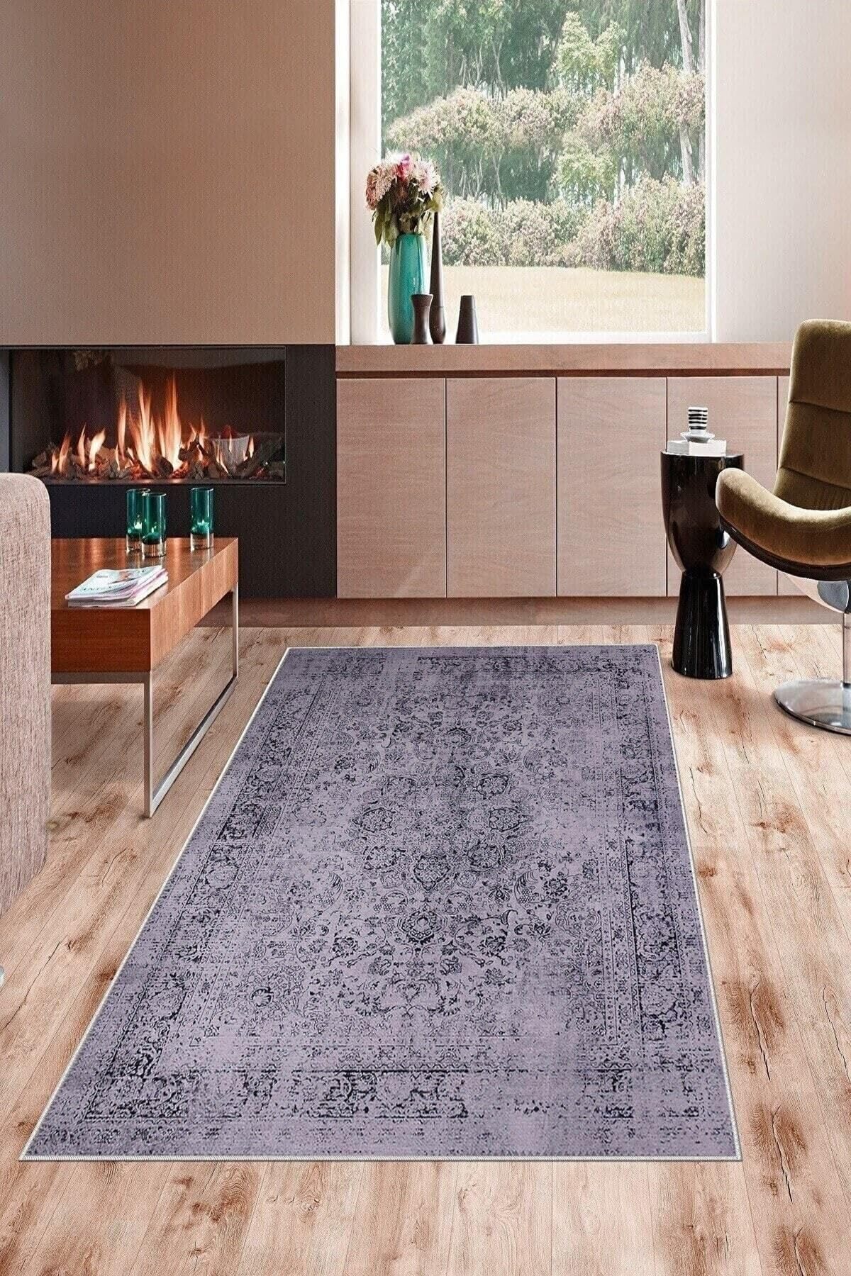 Pelangi Gri Vintage Desenli Yıkanabilir Kaymaz Taban Leke Tutmaz Modern Salon Halısı Ve Yolluk, Lila 100 x 250, 1358327100250728
