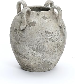 LuxenHome Rustic Ceramic Vase,11 Gray and White Round Vase,Terracotta Large Flower Vases with Handles for Living Room Home Decor,Vintage Pottery Tall Vases Home Decor Accents