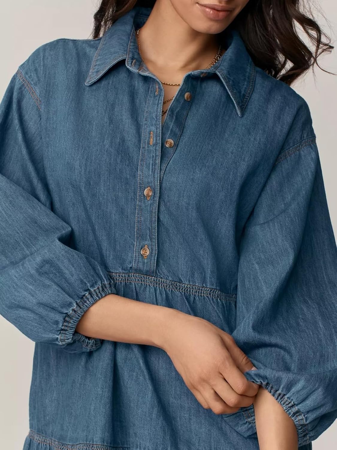 Women Denim Mini Dress 2026 Summer Casual 3/4 Puff Sleeve Button Down Collared Babydoll Loose Jean Shirt Dresses - Image 2